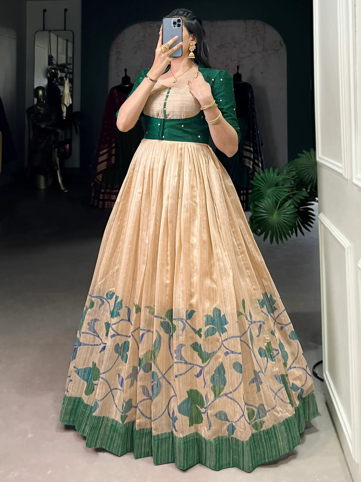 Stunning Cream & Green Floral Printed Silk Gown With Jacket - Zeel Clothing
