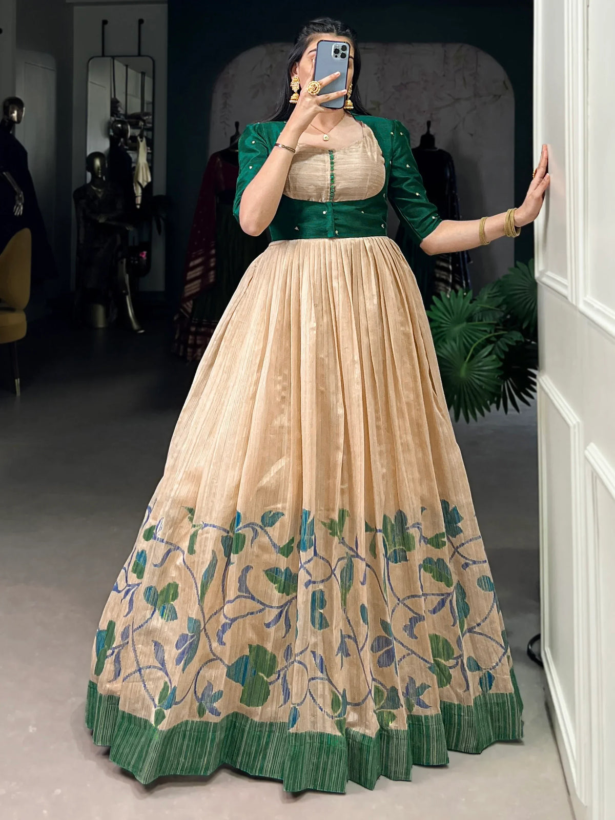 Stunning Cream & Green Floral Printed Silk Gown With Jacket - Zeel Clothing