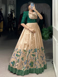Stunning Cream & Green Floral Printed Silk Gown With Jacket - Zeel Clothing