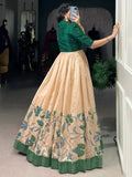 Stunning Cream & Green Floral Printed Silk Gown With Jacket - Zeel Clothing