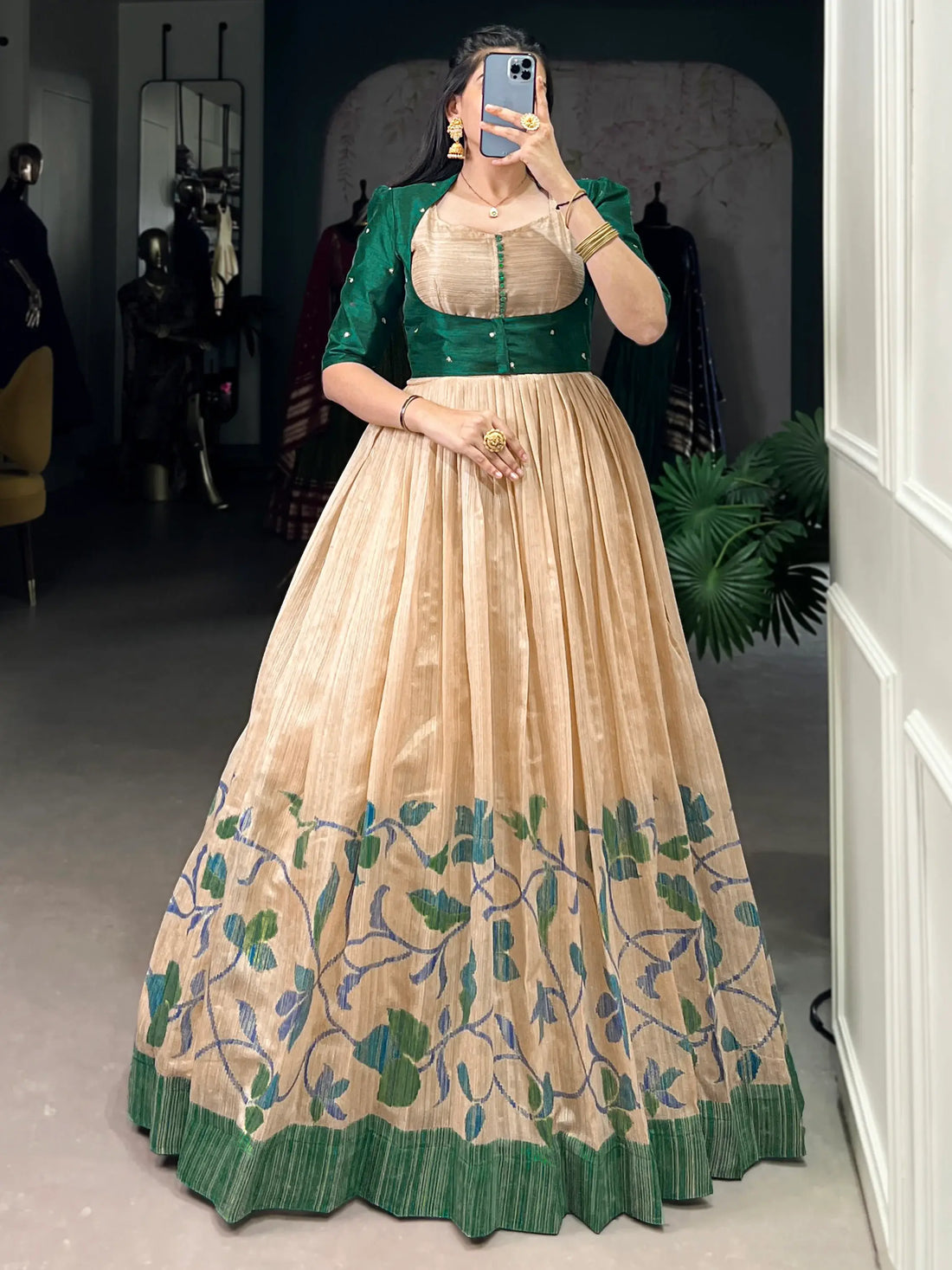 Stunning Cream & Green Floral Printed Silk Gown With Jacket - Zeel Clothing