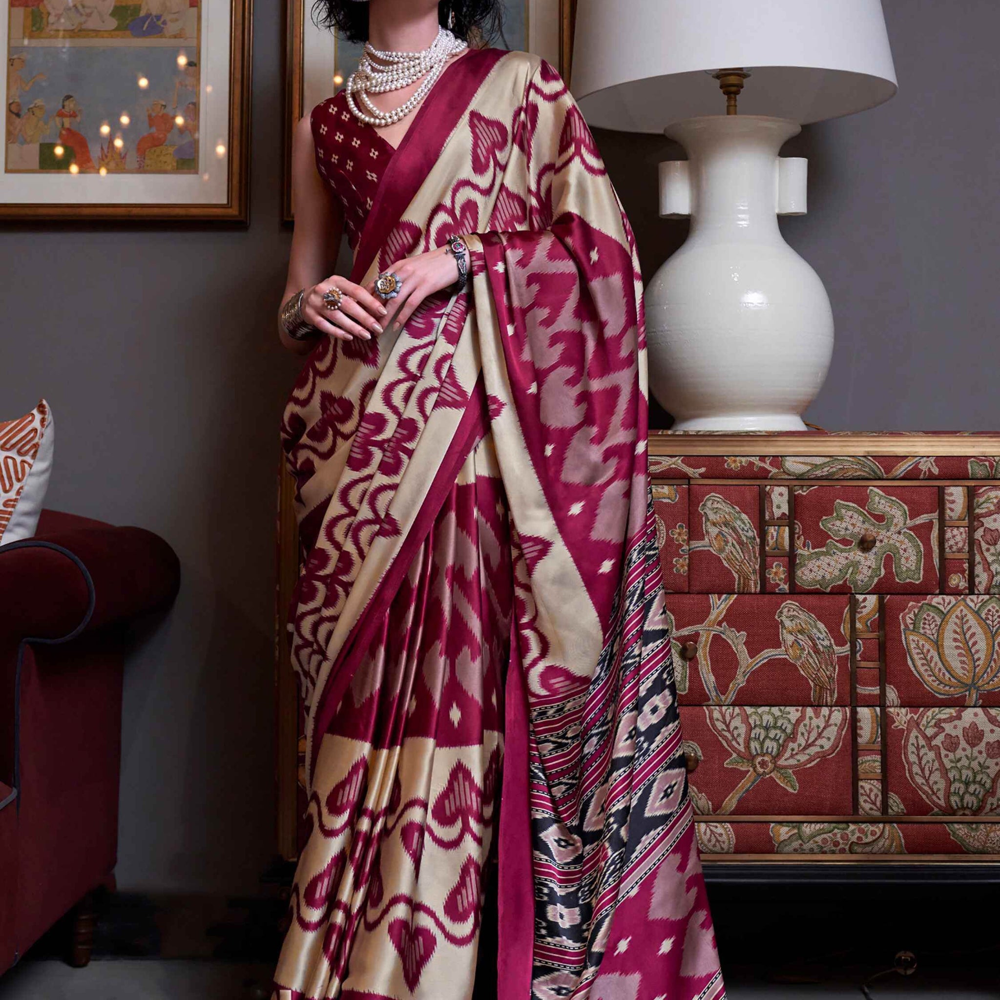 Stunning Cream Digital Printed Satin Traditional Saree With Blouse - Zeel Clothing