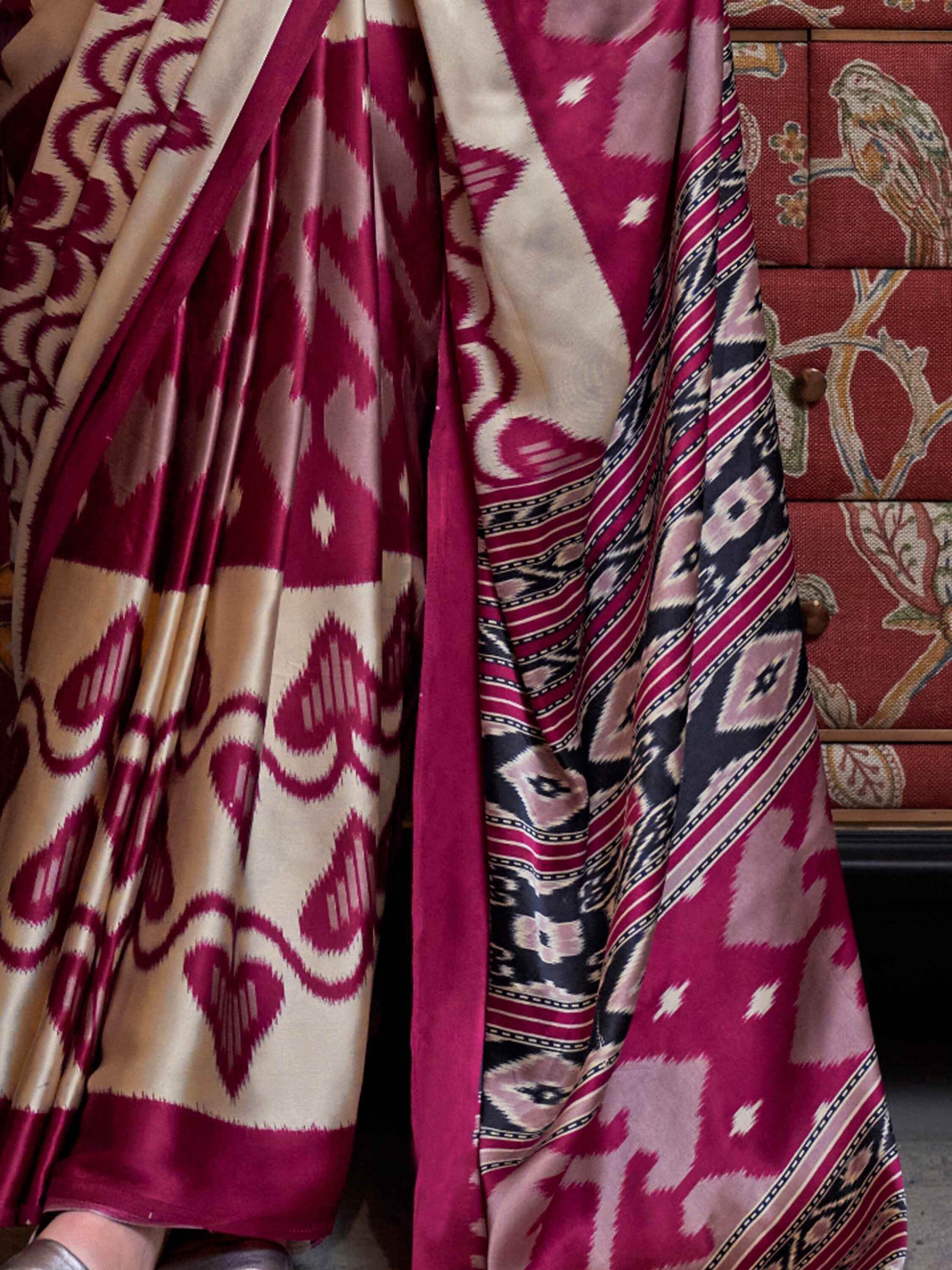 Stunning Cream Digital Printed Satin Traditional Saree With Blouse - Zeel Clothing