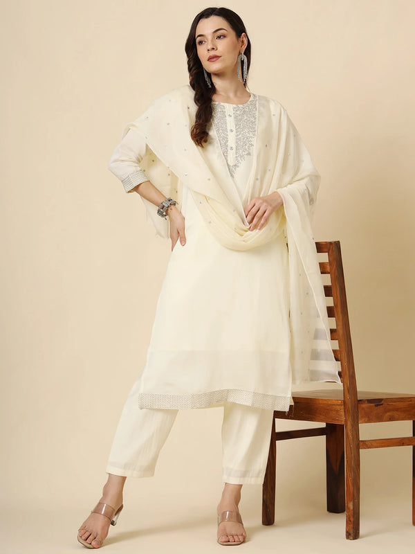 Stunning Cream Embroidered Muslin Silk Traditional Pant Suit - Zeel Clothing