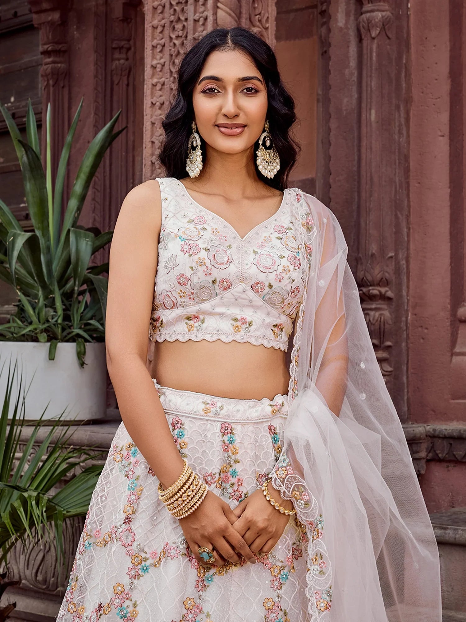 Stunning Cream Net Sequins Bridesmaid Lehenga Choli With Dupatta