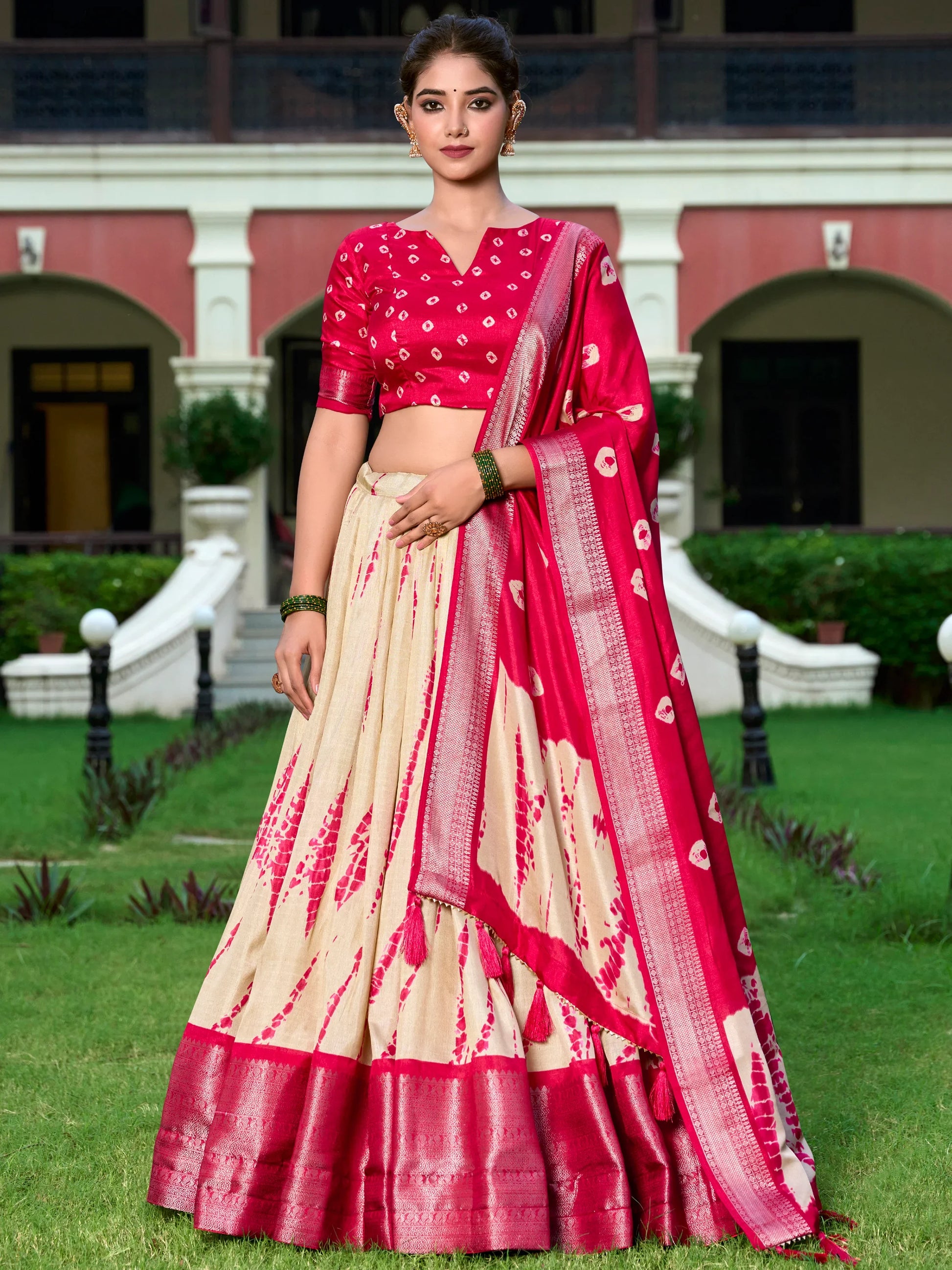 Stunning Cream Shibori Printed Silk Festival Wear Lehenga Choli - Zeel Clothing