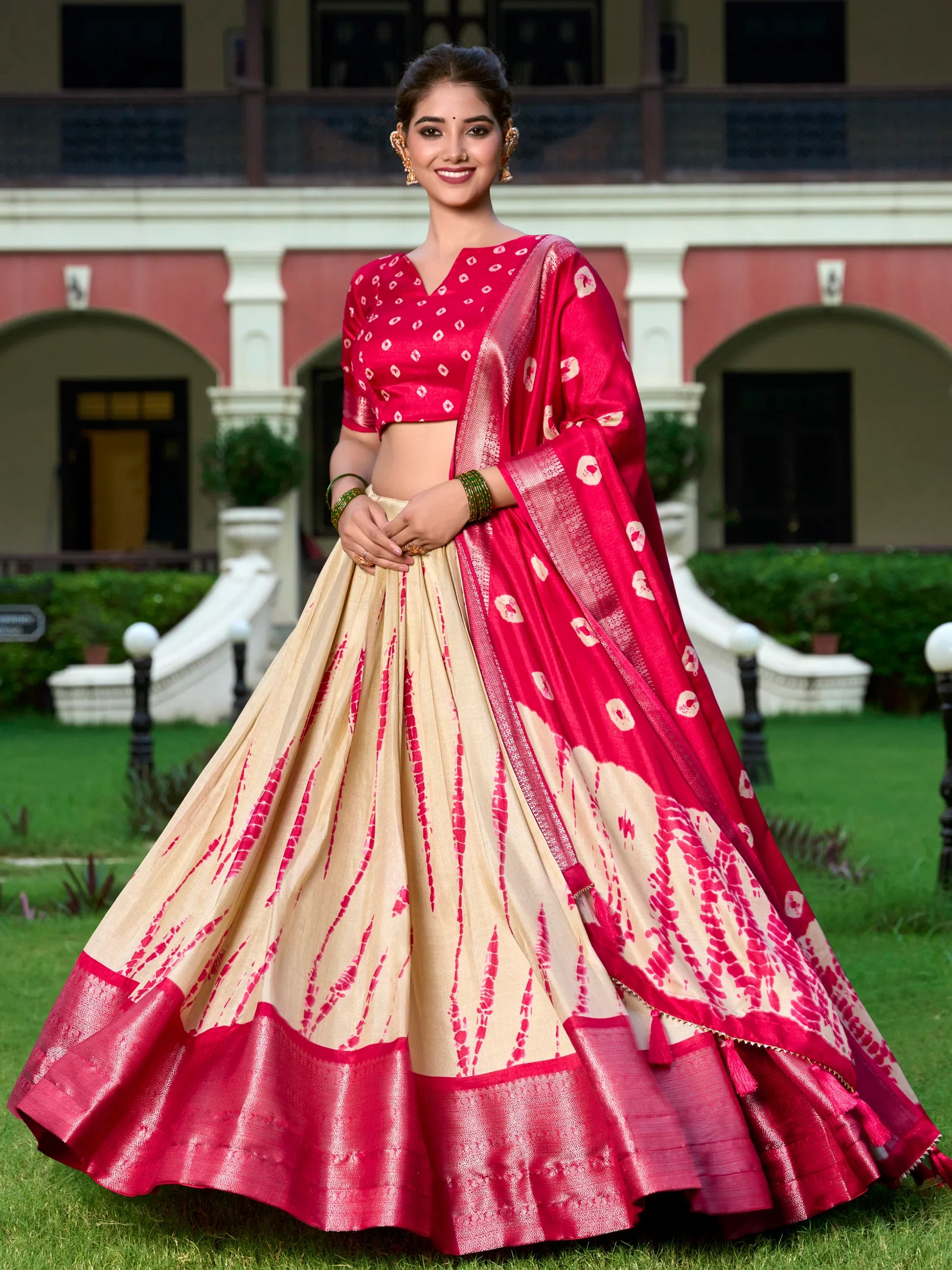 Stunning Cream Shibori Printed Silk Festival Wear Lehenga Choli - Zeel Clothing