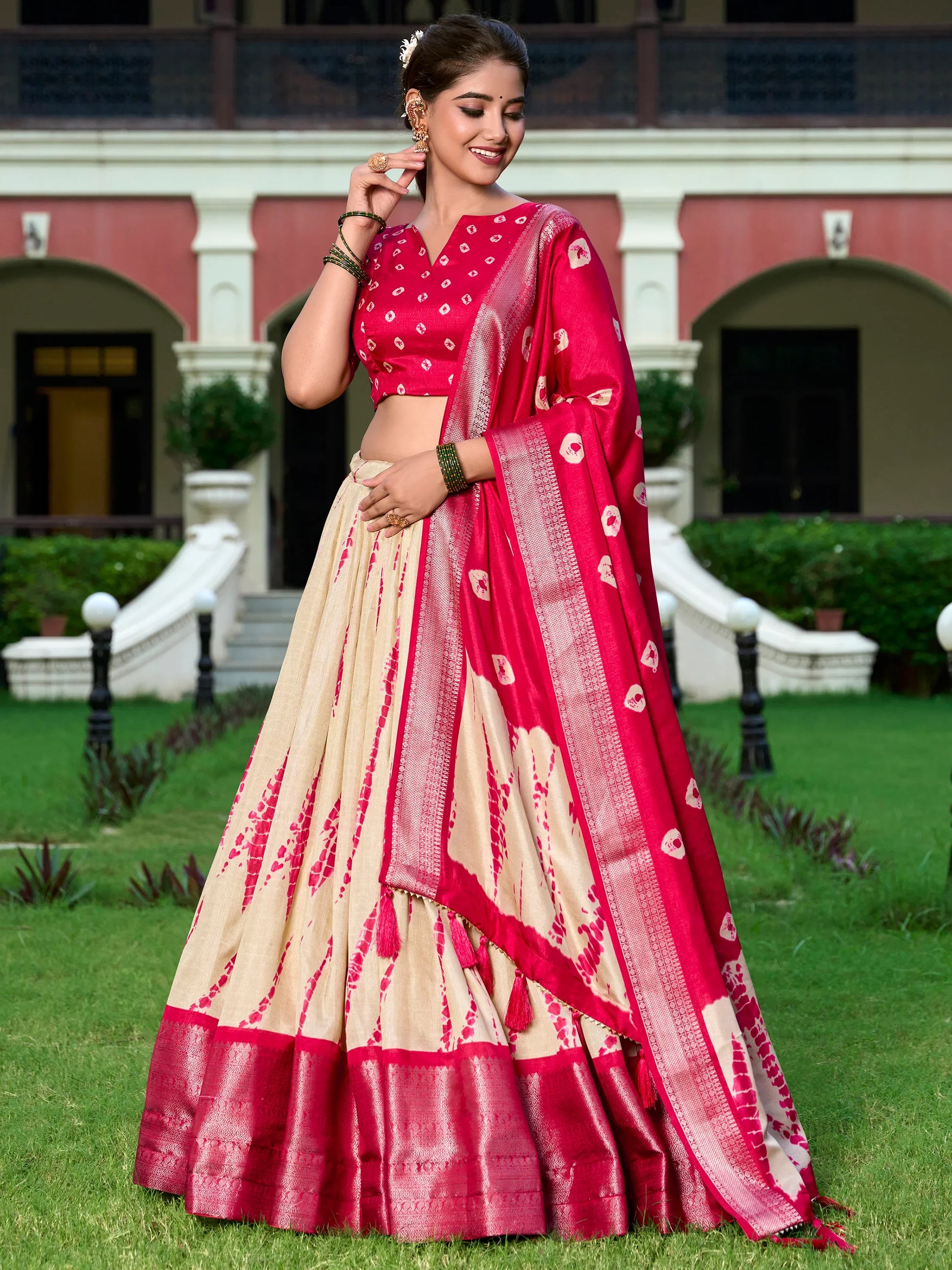 Stunning Cream Shibori Printed Silk Festival Wear Lehenga Choli - Zeel Clothing