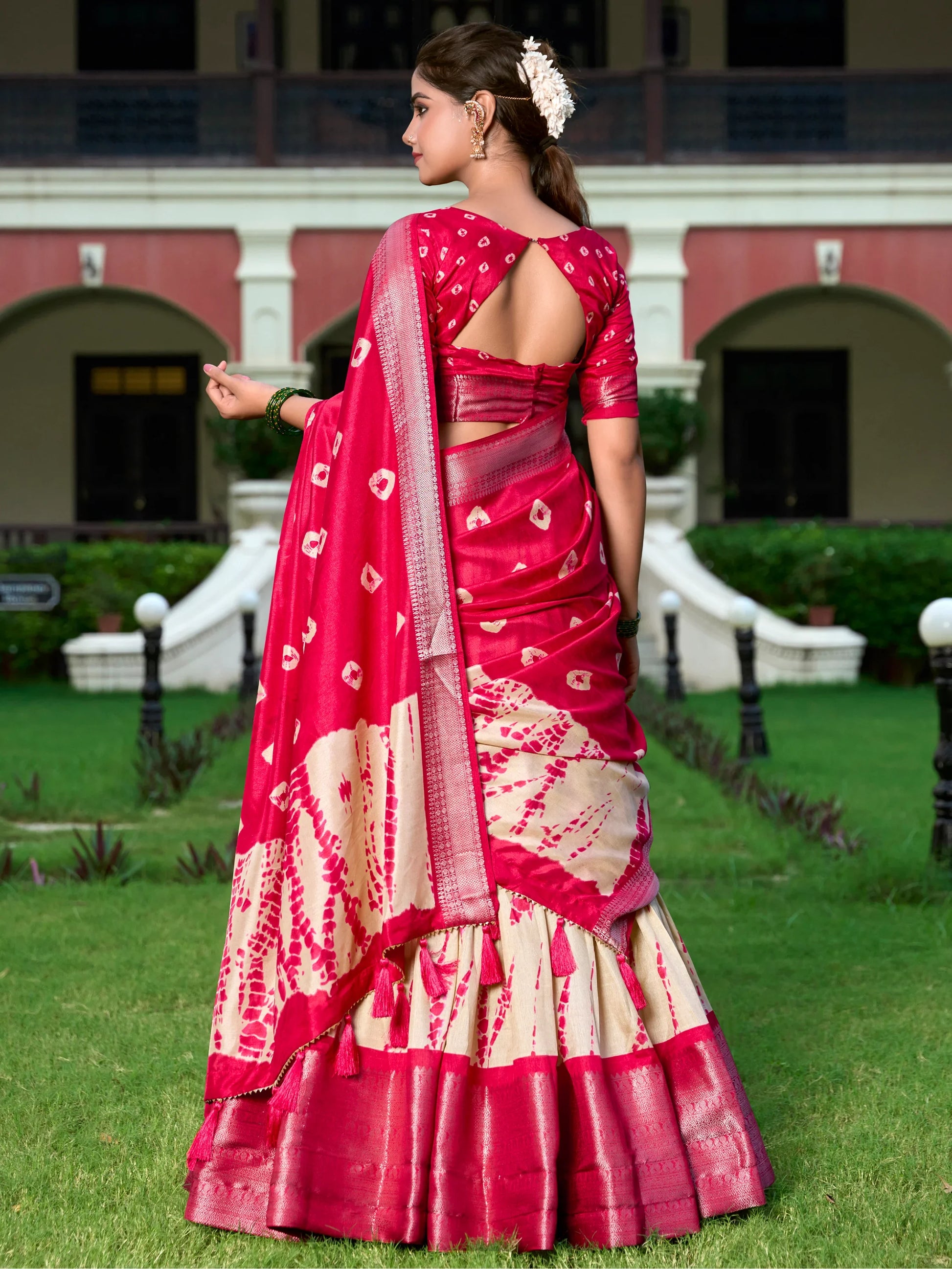Stunning Cream Shibori Printed Silk Festival Wear Lehenga Choli - Zeel Clothing