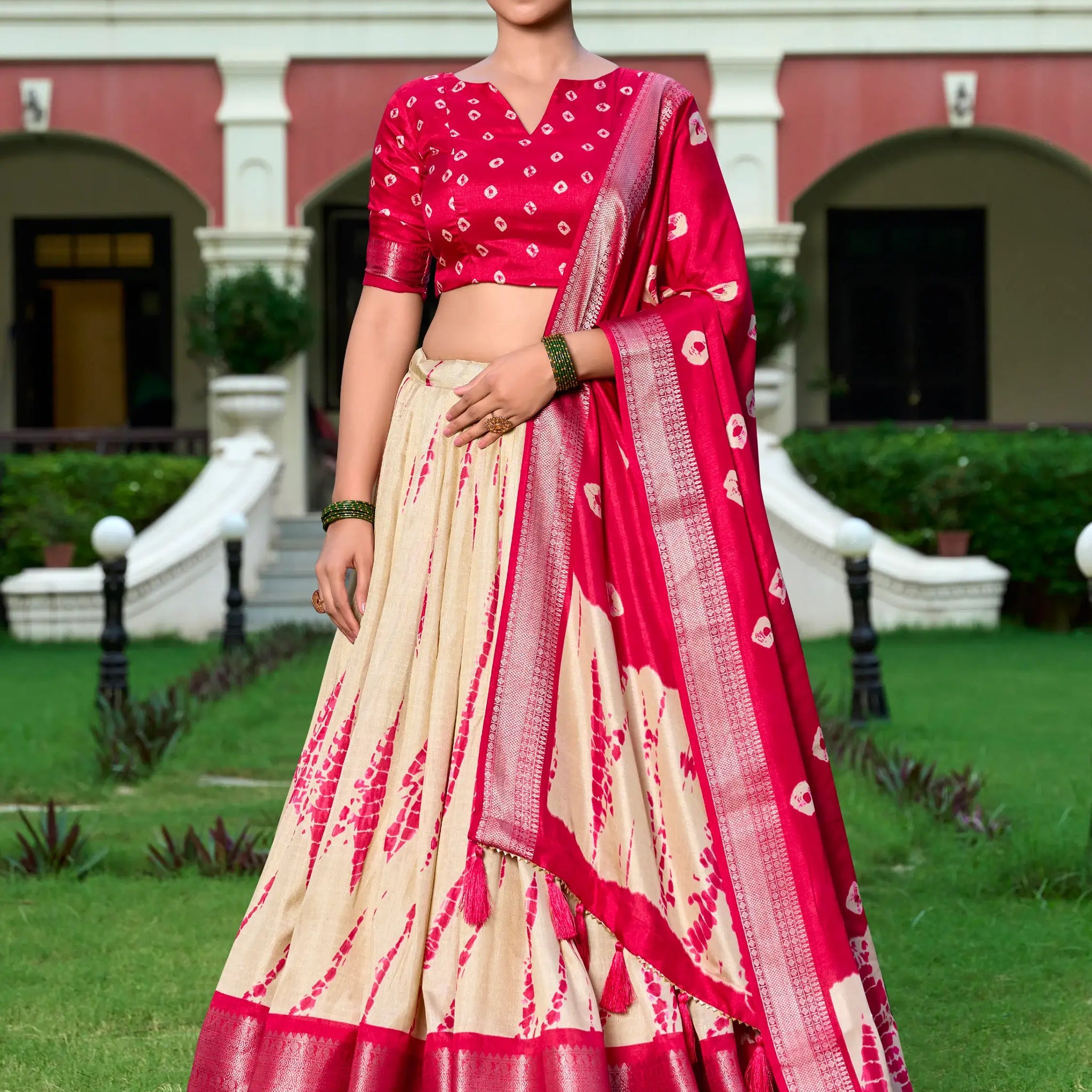 Stunning Cream Shibori Printed Silk Festival Wear Lehenga Choli - Zeel Clothing