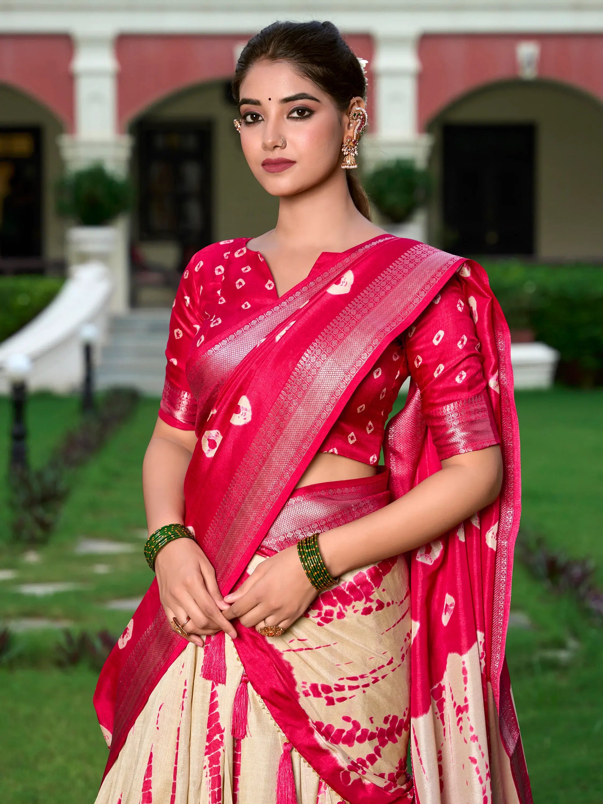 Stunning Cream Shibori Printed Silk Festival Wear Lehenga Choli - Zeel Clothing