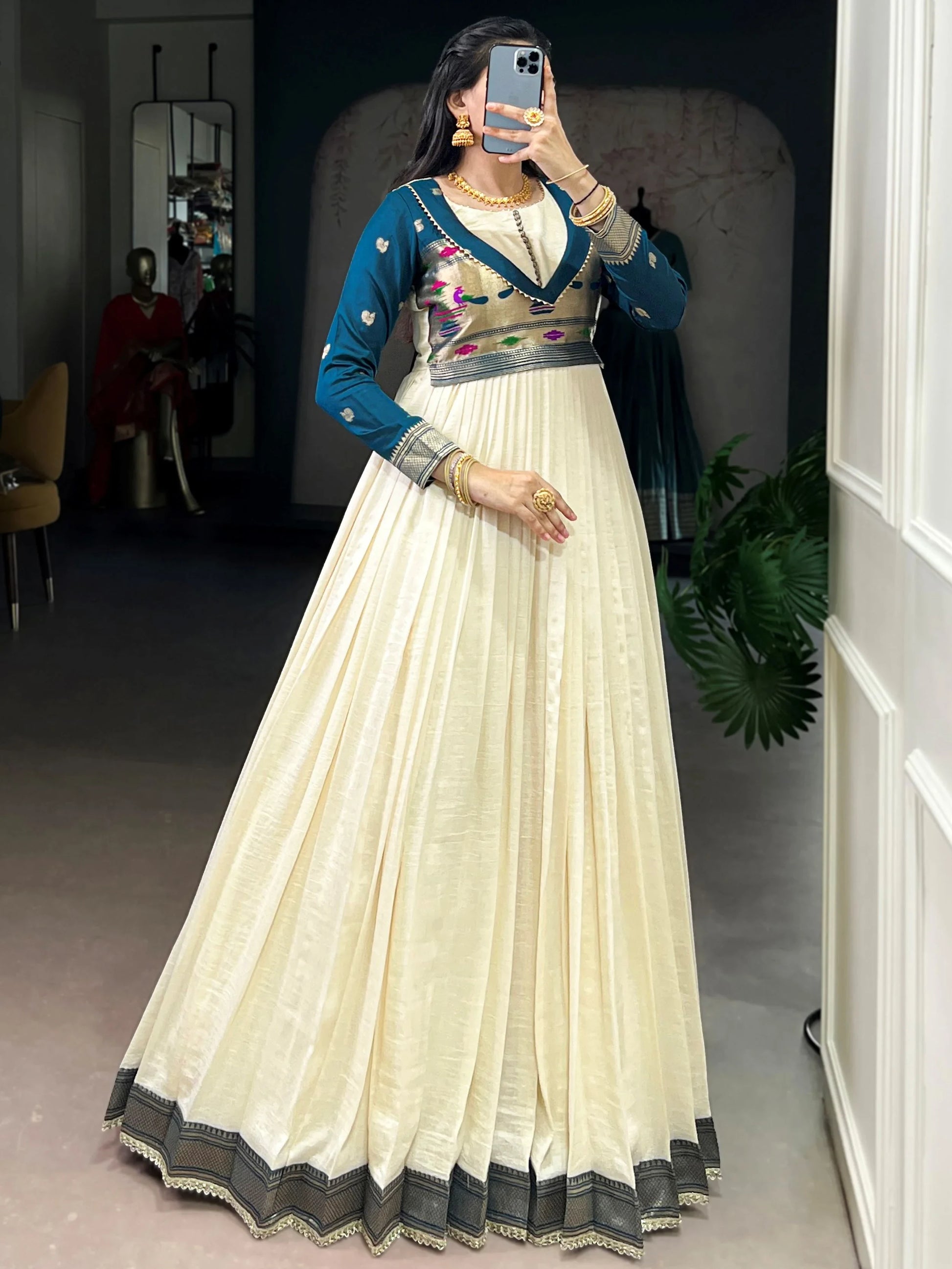 Stunning Cream Zari Weaving  Silk Festive Wear Gown With Dupatta