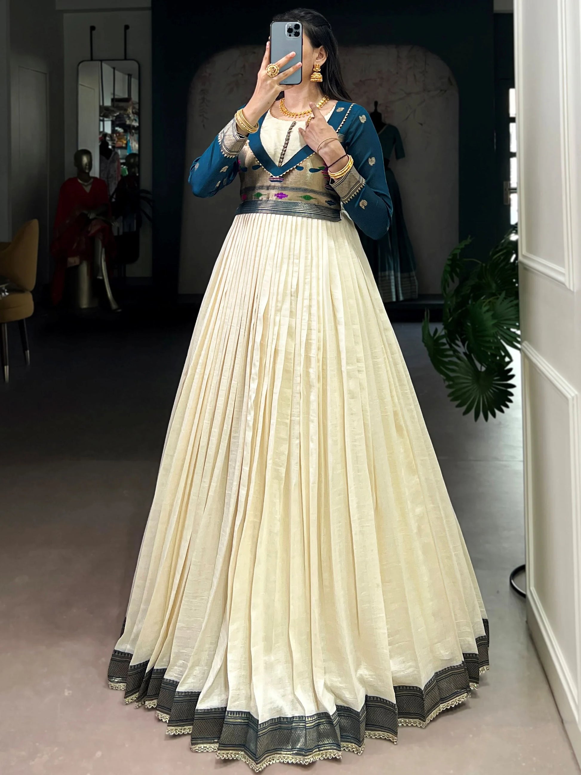 Stunning Cream Zari Weaving  Silk Festive Wear Gown With Dupatta