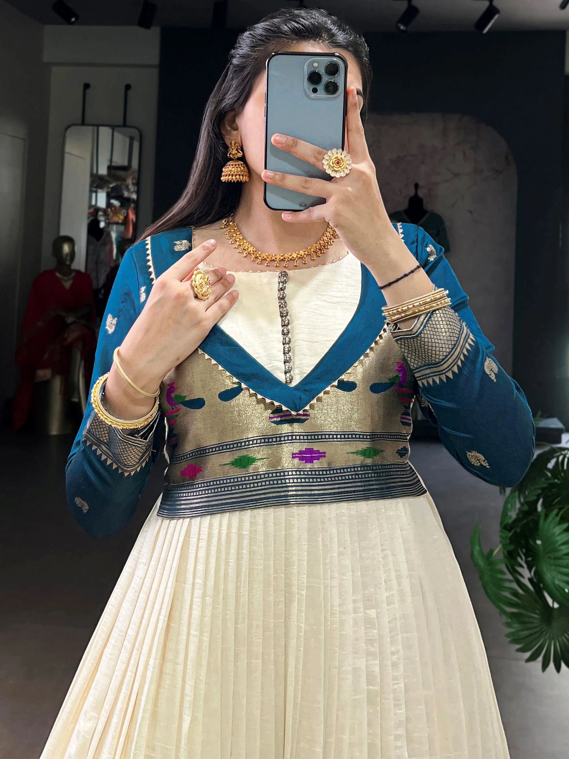 Stunning Cream Zari Weaving  Silk Festive Wear Gown With Dupatta