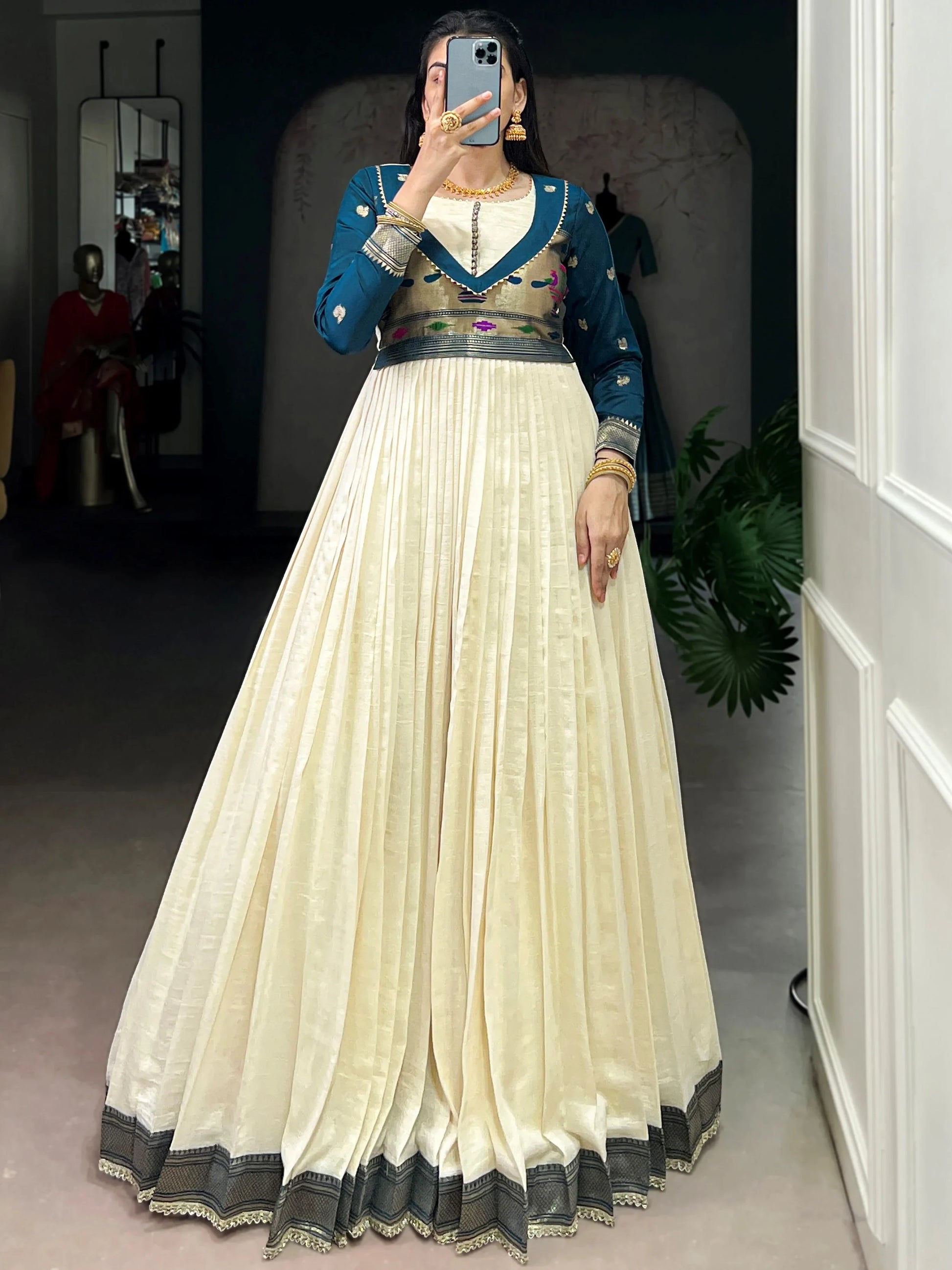 Stunning Cream Zari Weaving  Silk Festive Wear Gown With Dupatta