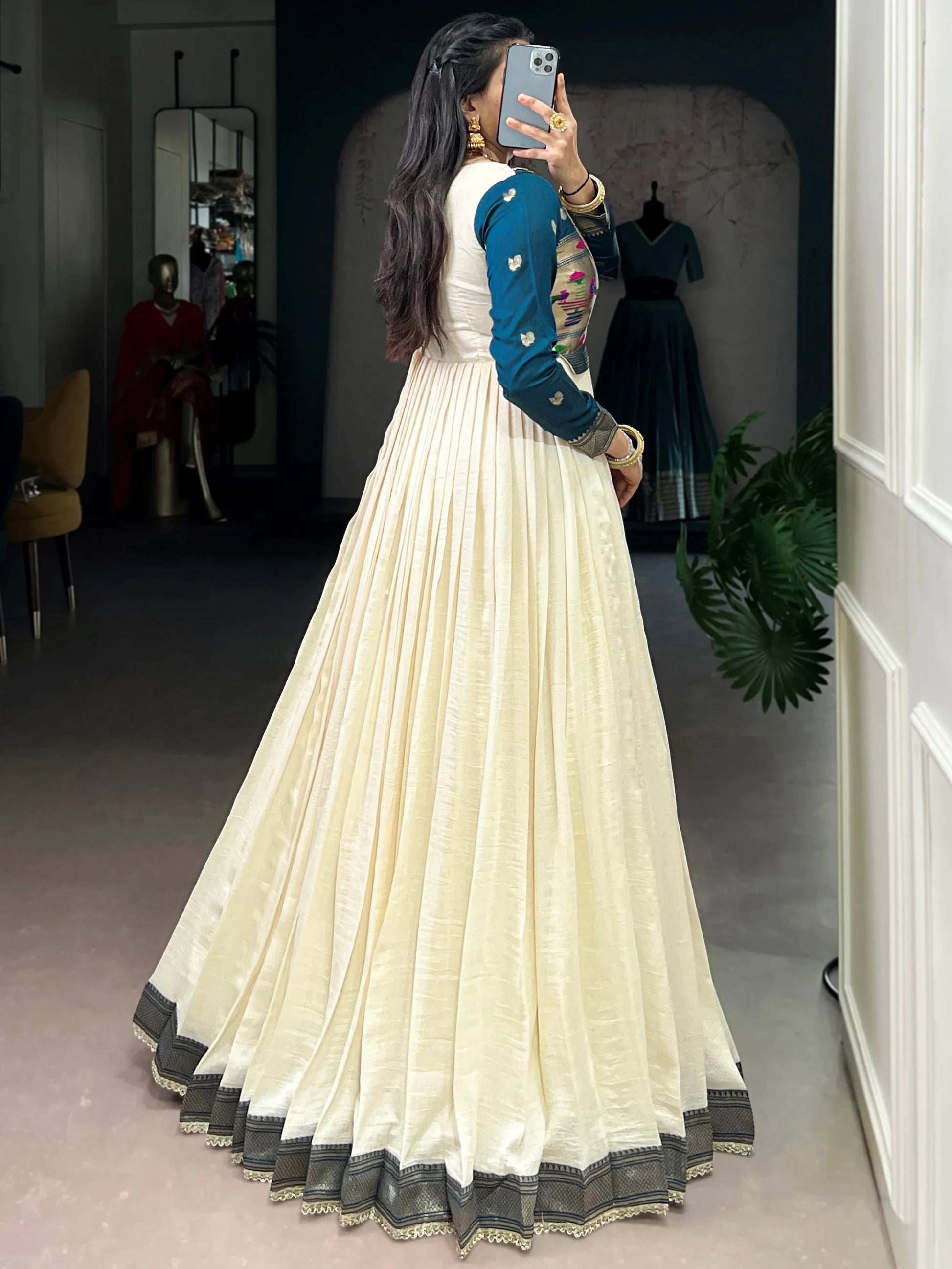 Stunning Cream Zari Weaving  Silk Festive Wear Gown With Dupatta