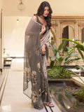 Stunning Dark Brown Floral Printed Chiffon Casual Wear Saree - Zeel Clothing