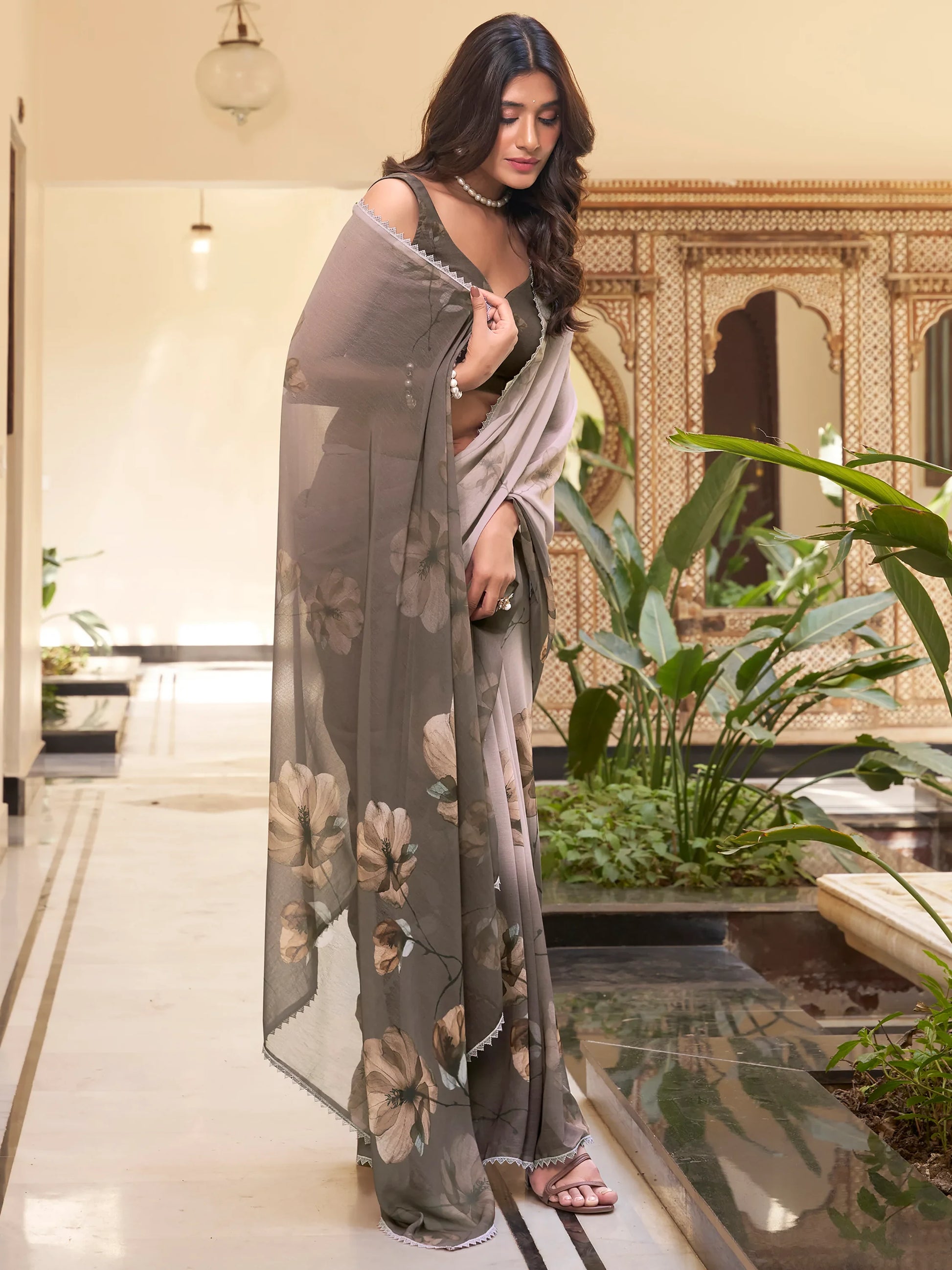 Stunning Dark Brown Floral Printed Chiffon Casual Wear Saree - Zeel Clothing