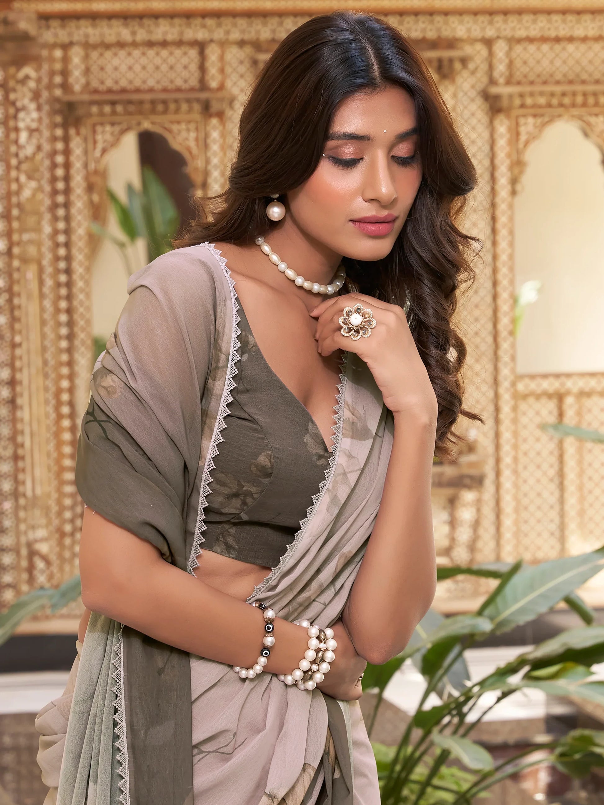 Stunning Dark Brown Floral Printed Chiffon Casual Wear Saree - Zeel Clothing