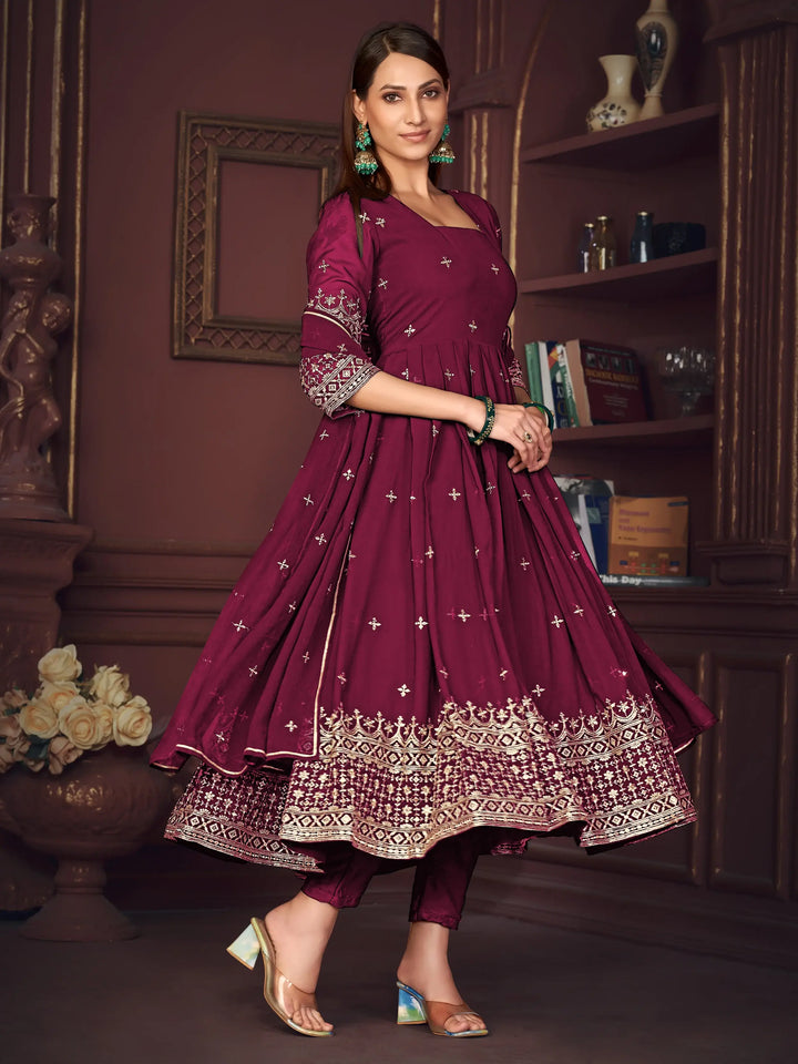 Stunning Dark Pink Embroidered Georgette Anarkali Suit With Dupatta - Zeel Clothing