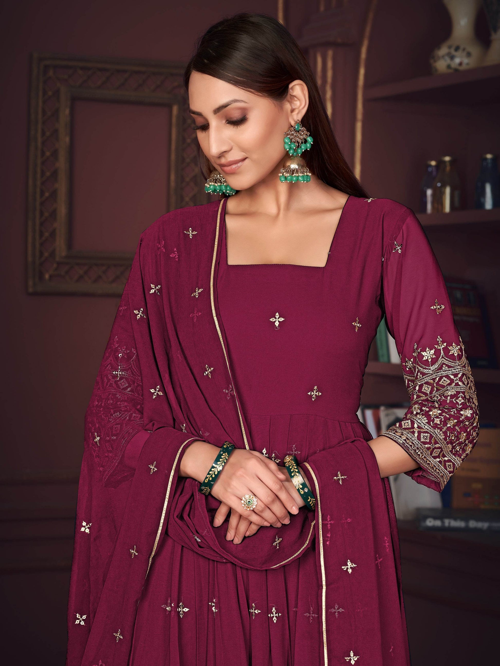 Stunning Dark Pink Embroidered Georgette Anarkali Suit With Dupatta - Zeel Clothing