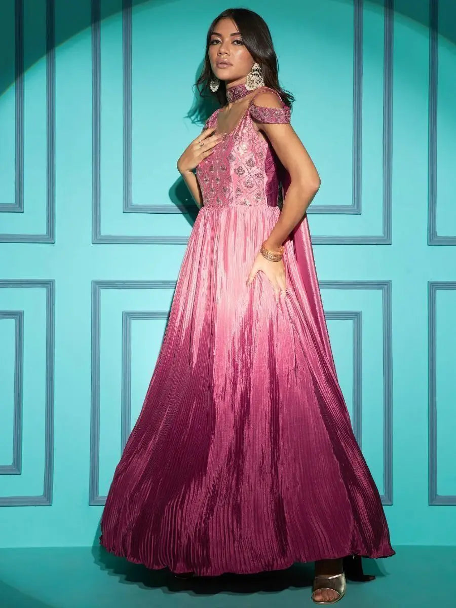 Stunning Dusty Pink Embroidered Chinon Occasion Wear Gown - Zeel Clothing