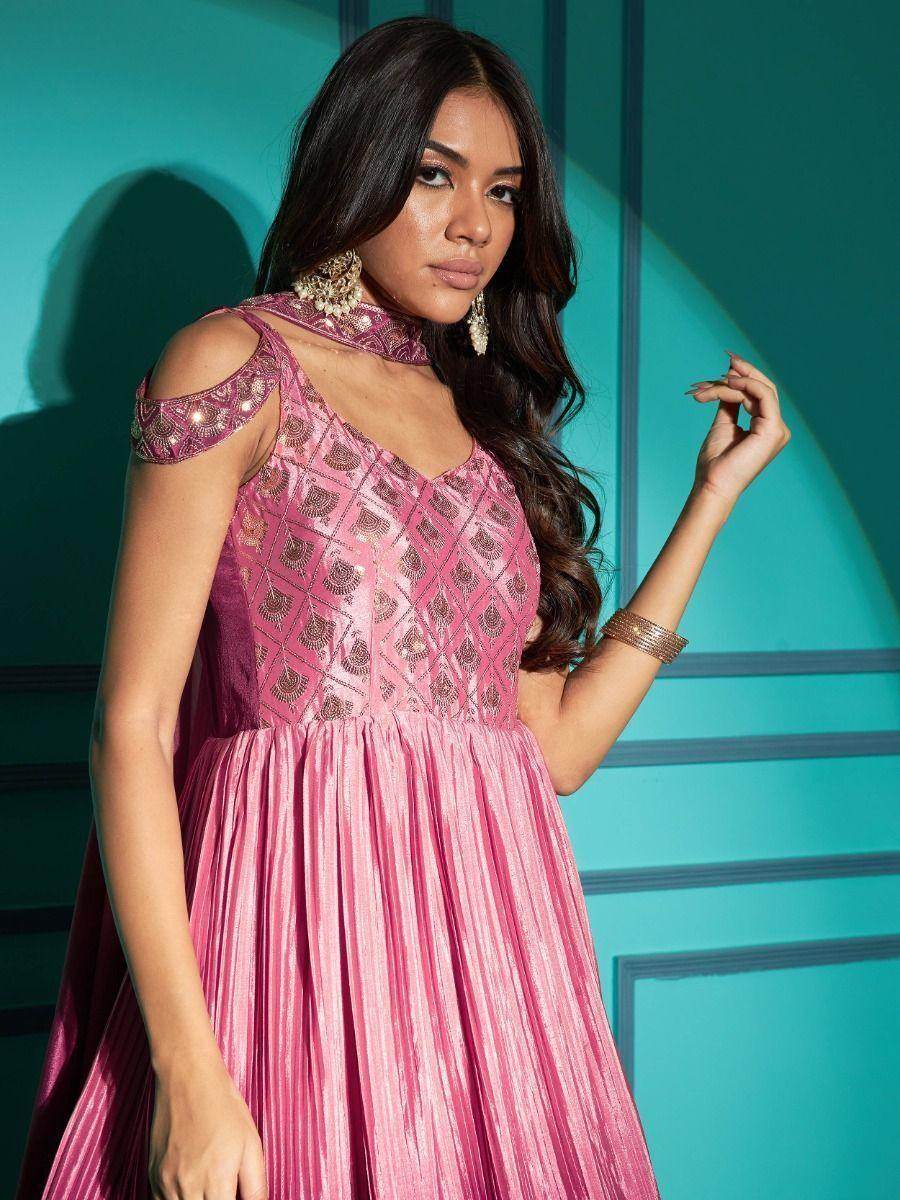 Stunning Dusty Pink Embroidered Chinon Occasion Wear Gown - Zeel Clothing