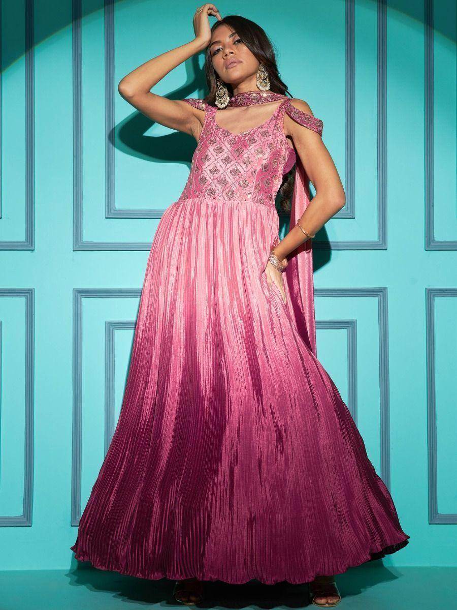 Stunning Dusty Pink Embroidered Chinon Occasion Wear Gown - Zeel Clothing