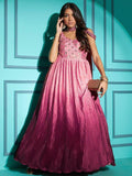 Stunning Dusty Pink Embroidered Chinon Occasion Wear Gown - Zeel Clothing
