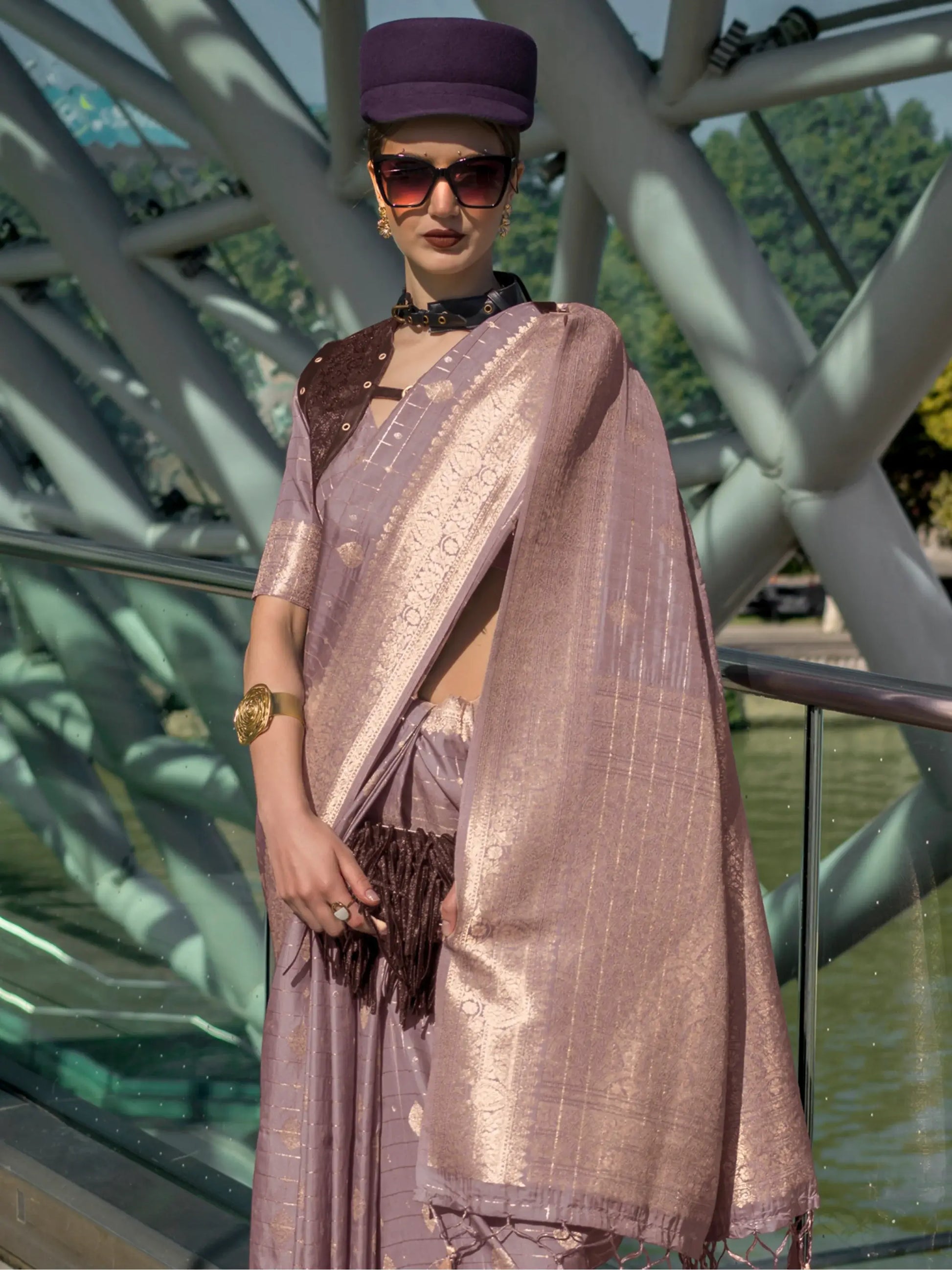 Stunning Dusty Purple Zari Weaving Silk Event Wear Saree With Blouse - Zeel Clothing