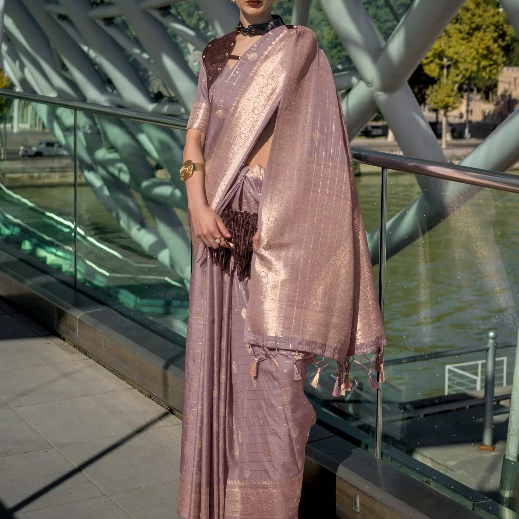 Stunning Dusty Purple Zari Weaving Silk Event Wear Saree With Blouse - Zeel Clothing