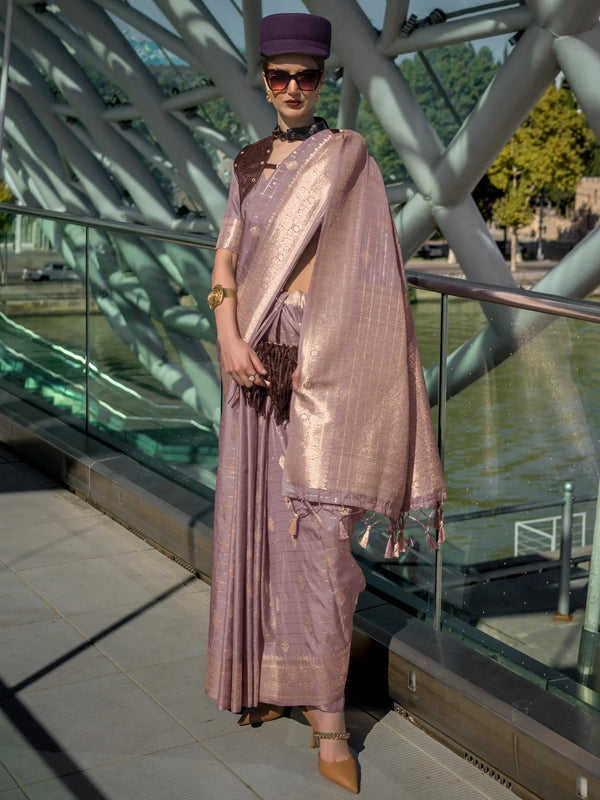 Stunning Dusty Purple Zari Weaving Silk Event Wear Saree With Blouse - Zeel Clothing