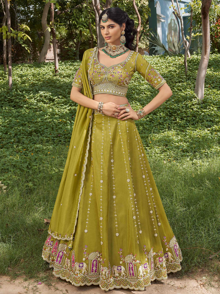 Stunning Green Bead Embroidered Tissue Wedding Wear Lehenga Choli With Dupatta