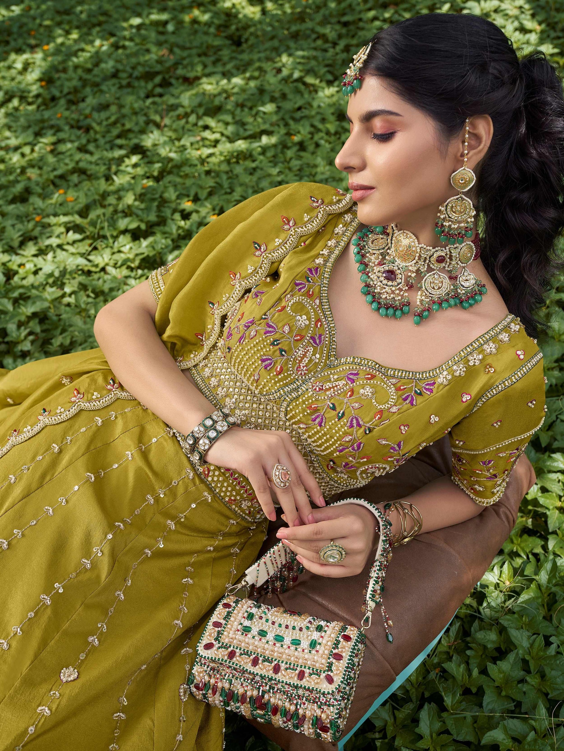 Stunning Green Bead Embroidered Tissue Wedding Wear Lehenga Choli With Dupatta