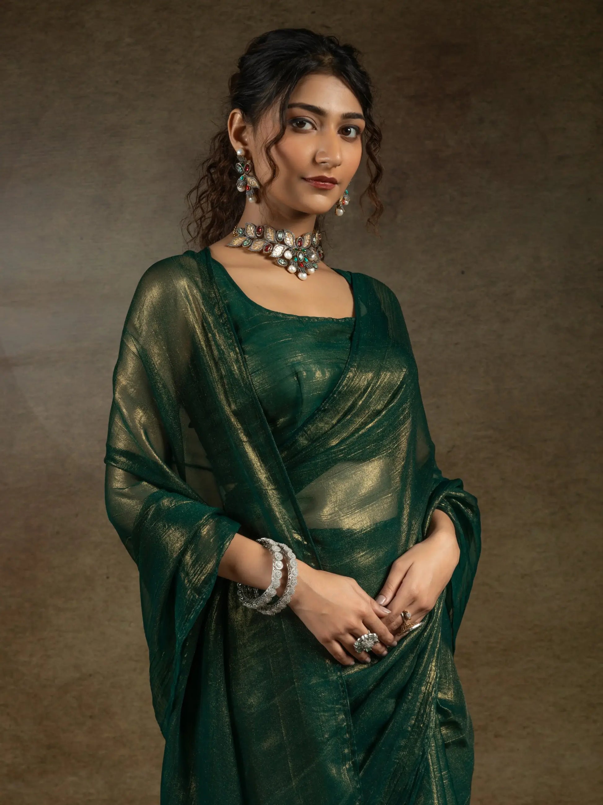 Stunning Green Chiffon Party Wear Pre-Stitched Saree With Blouse - Zeel Clothing