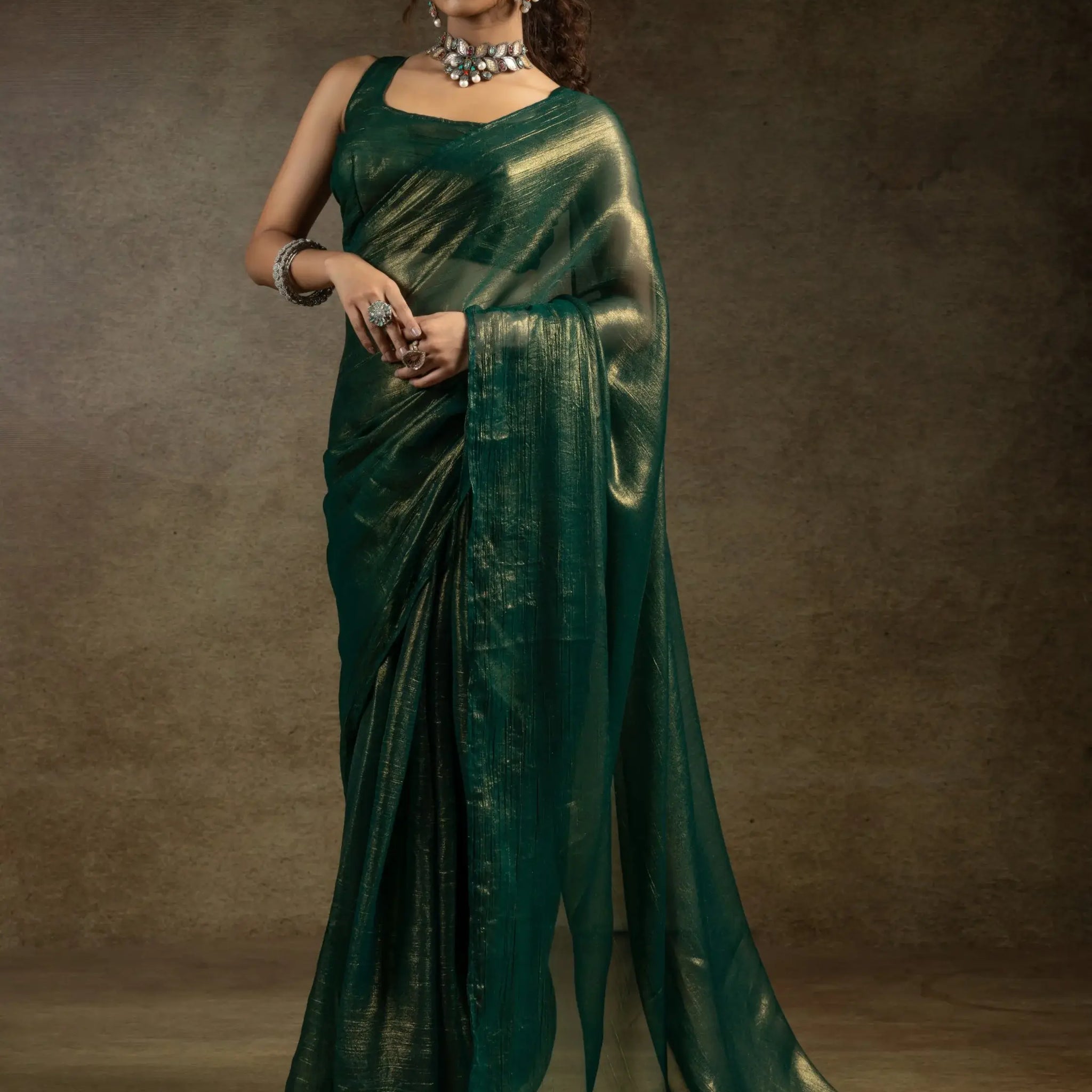 Stunning Green Chiffon Party Wear Pre-Stitched Saree With Blouse - Zeel Clothing