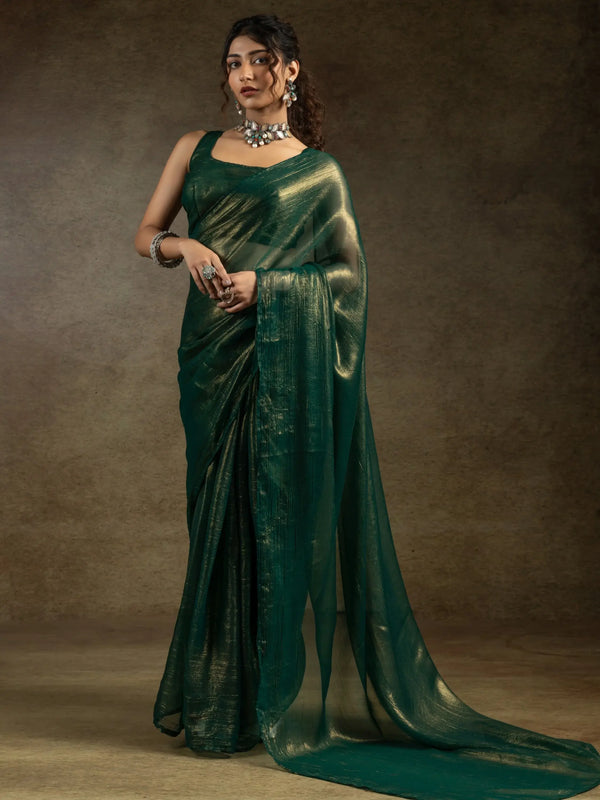 Stunning Green Chiffon Party Wear Pre-Stitched Saree With Blouse - Zeel Clothing