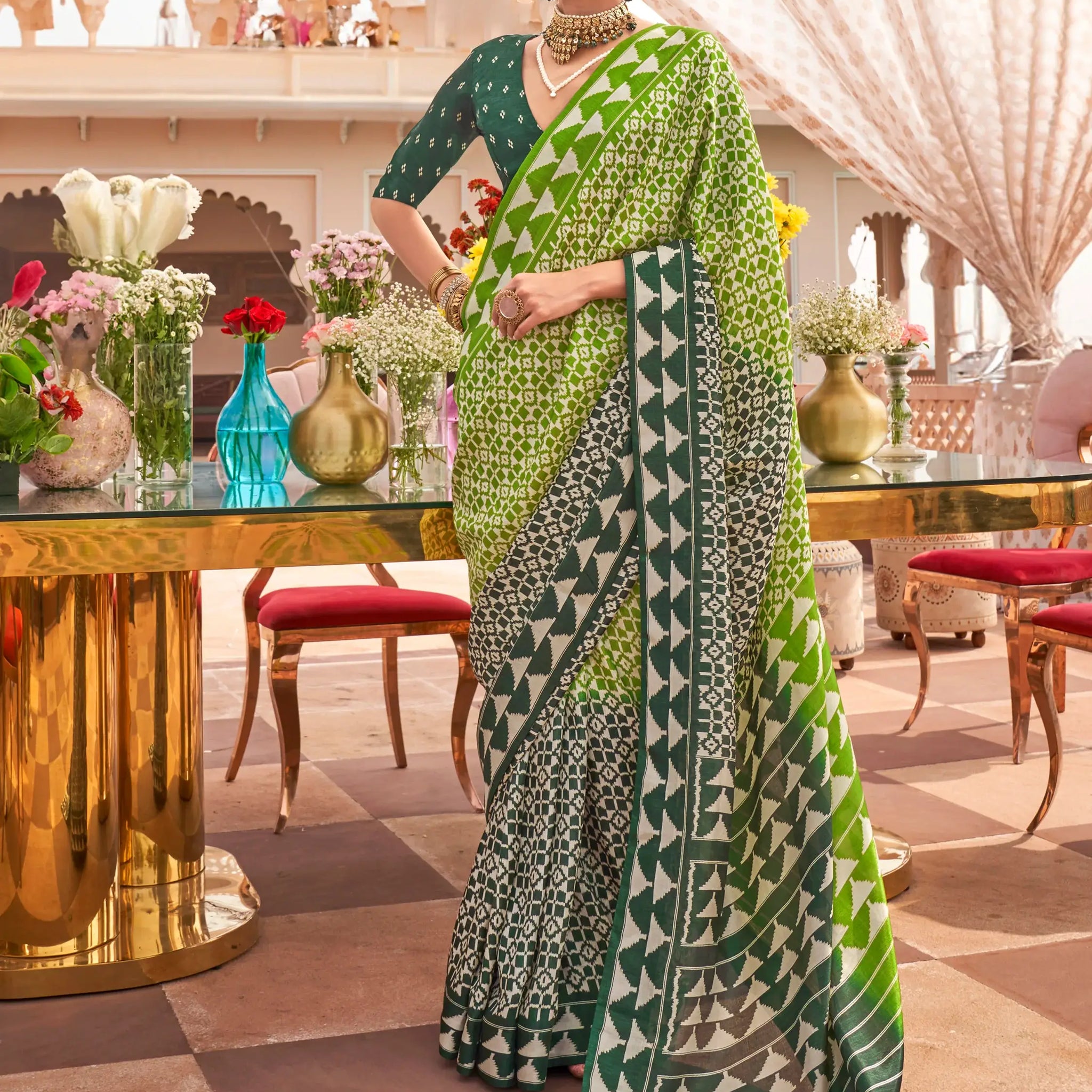 Stunning Green Digital Printed Silk Event Wear Saree With Blouse - Zeel Clothing