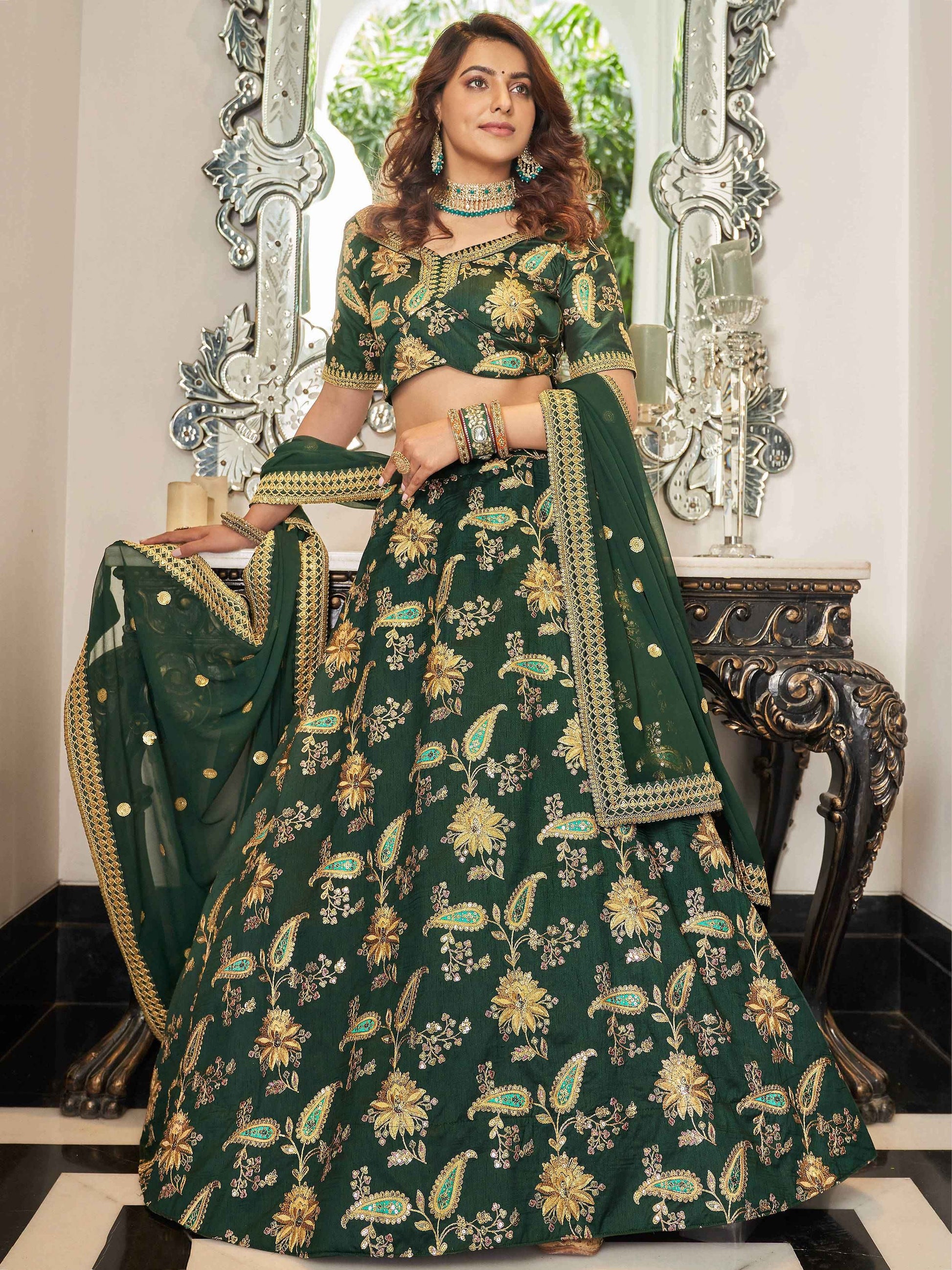 Stunning Green Embroidered Art Silk Wedding Wear Lehenga Choli - Zeel Clothing