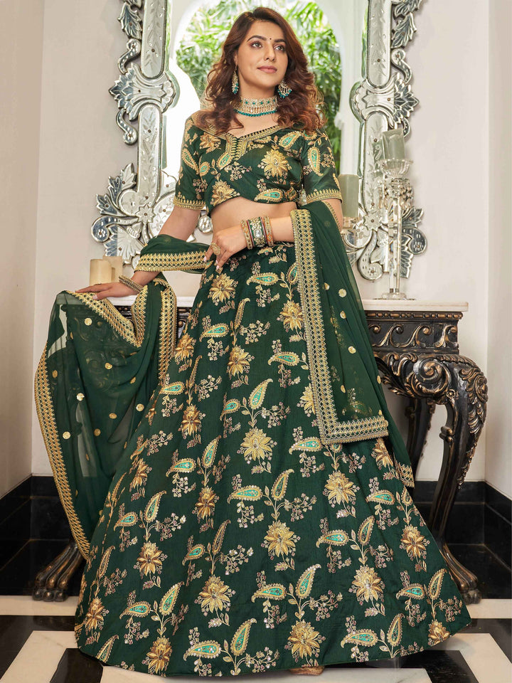 Stunning Green Embroidered Art Silk Wedding Wear Lehenga Choli - Zeel Clothing