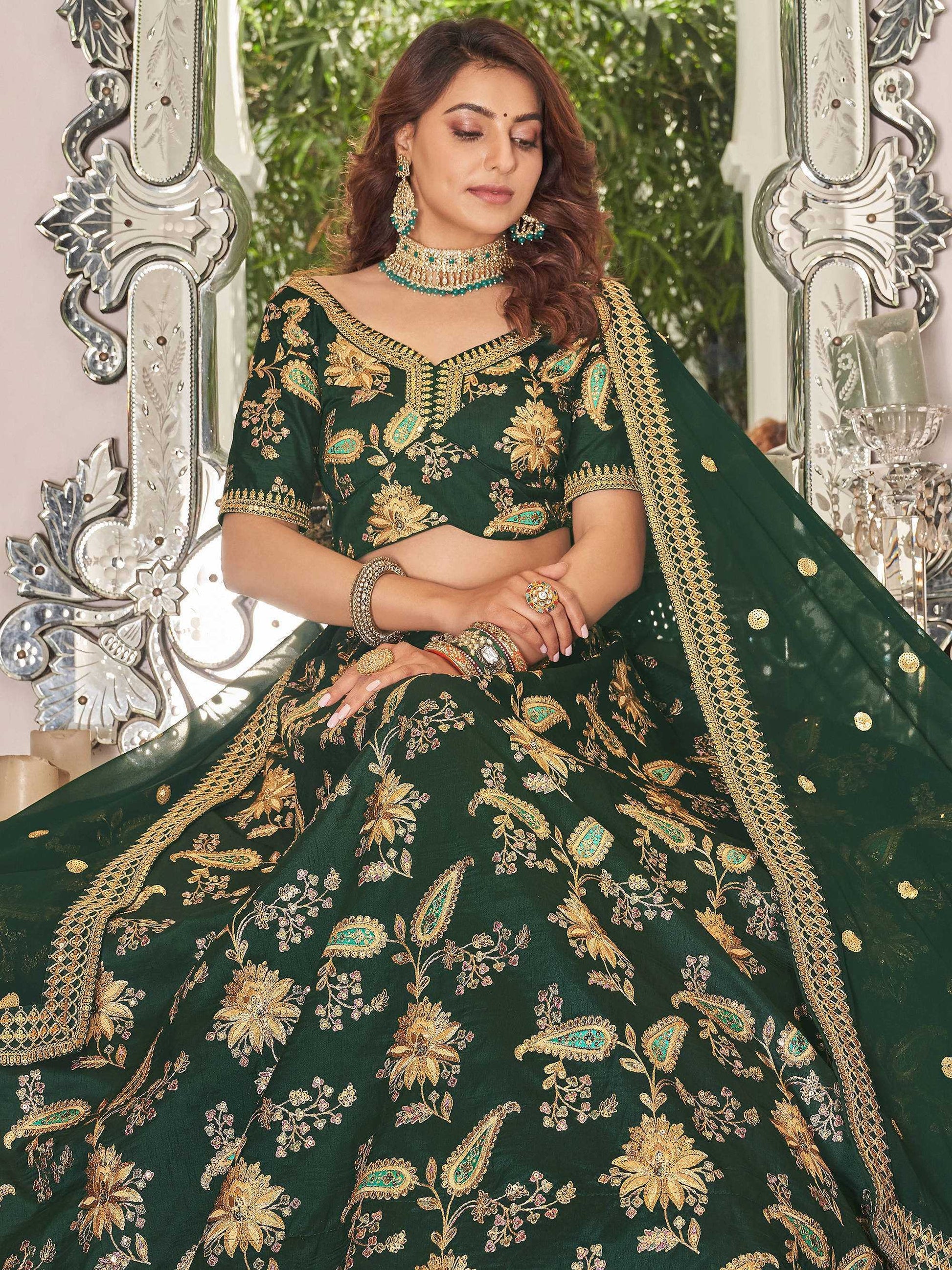 Stunning Green Embroidered Art Silk Wedding Wear Lehenga Choli - Zeel Clothing