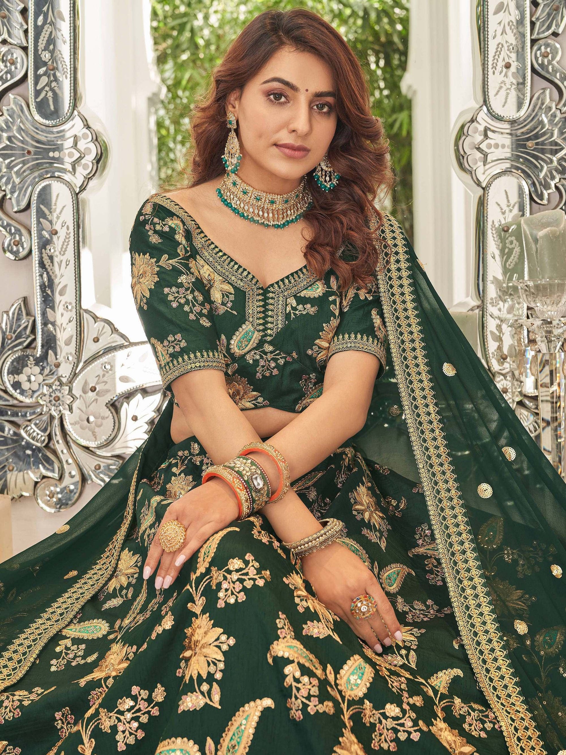 Stunning Green Embroidered Art Silk Wedding Wear Lehenga Choli - Zeel Clothing