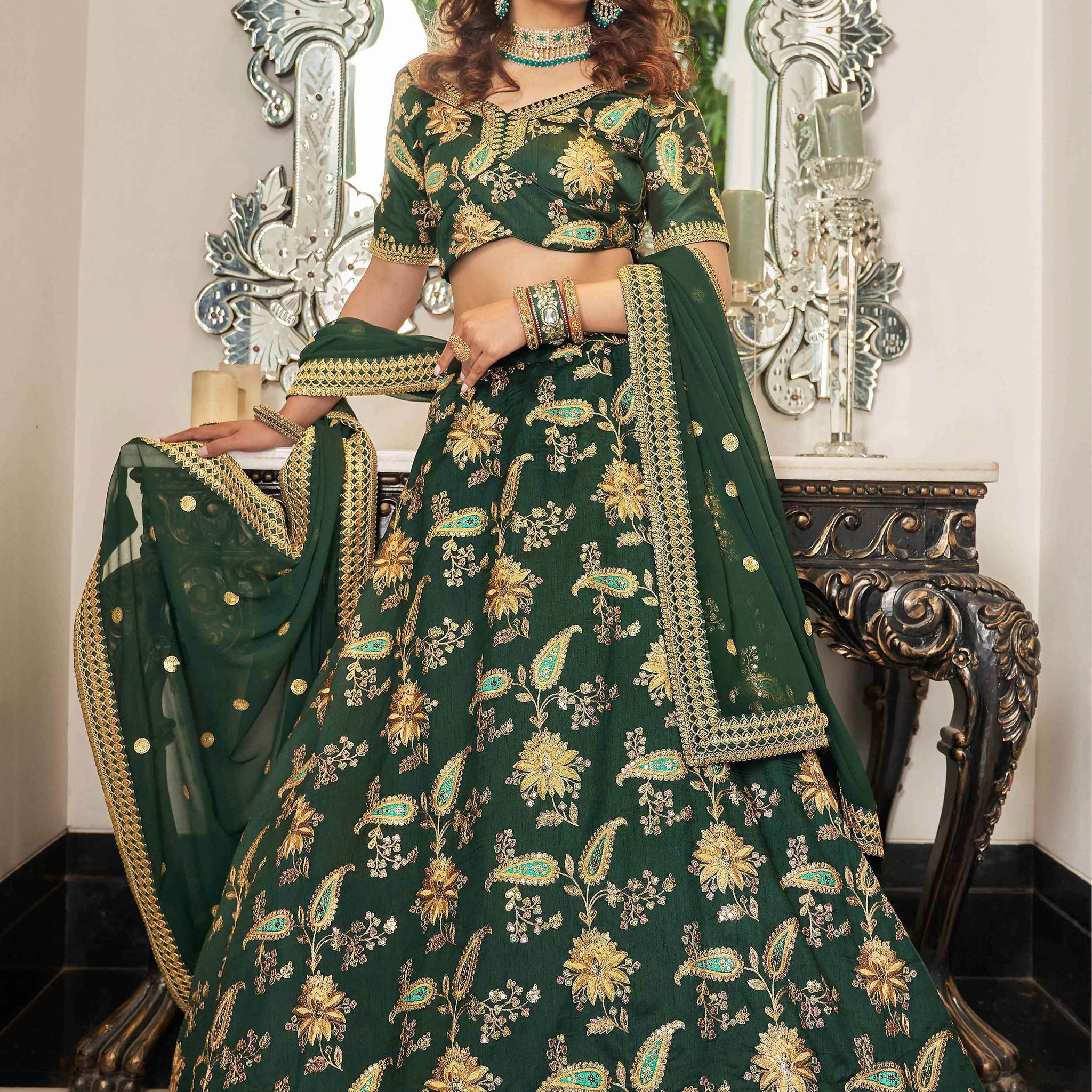 Stunning Green Embroidered Art Silk Wedding Wear Lehenga Choli - Zeel Clothing