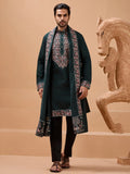 Stunning Green Embroidered Viscose Silk Wedding Wear Men Kurta Set With Dupatta