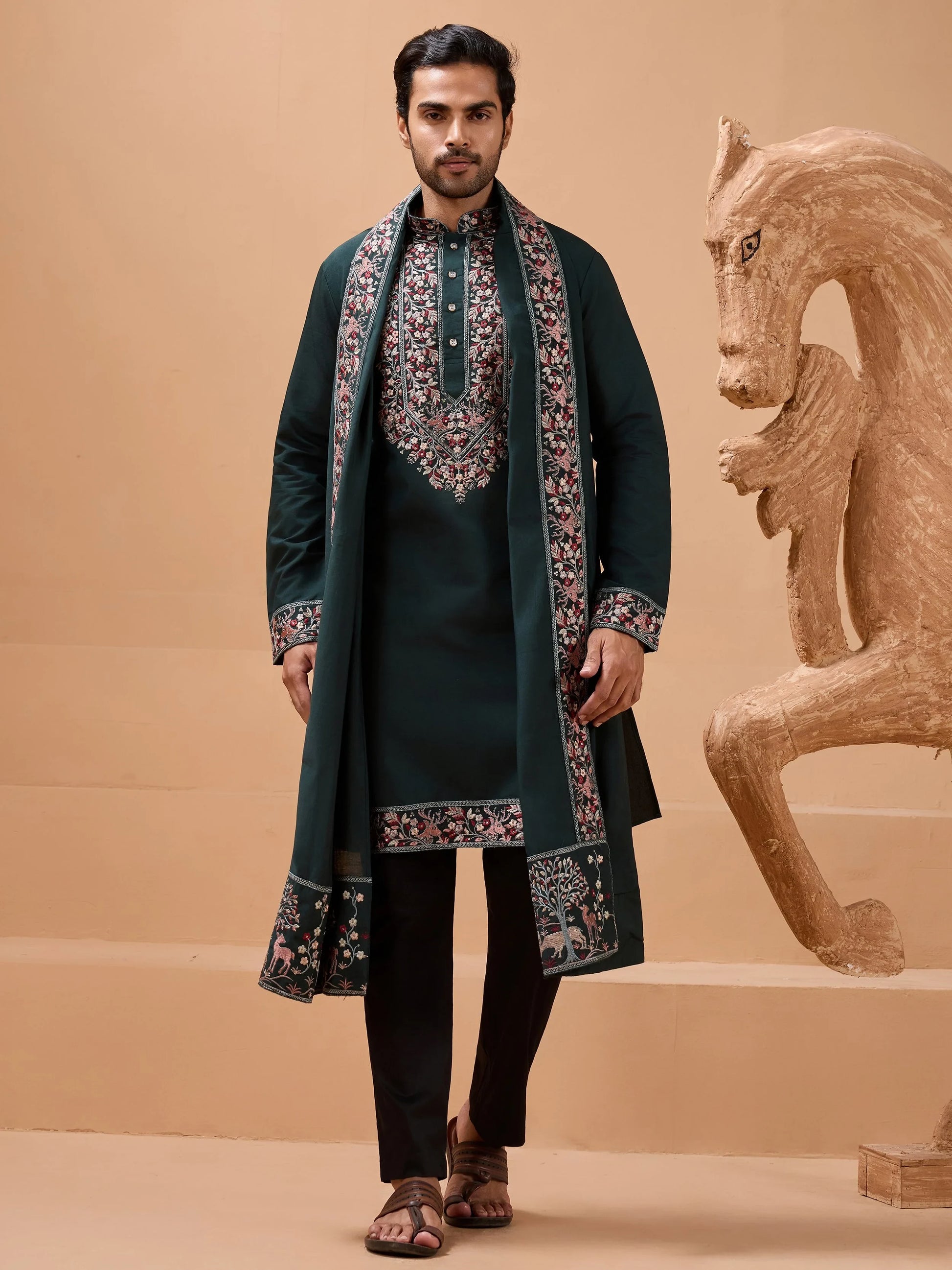 Stunning Green Embroidered Viscose Silk Wedding Wear Men Kurta Set With Dupatta