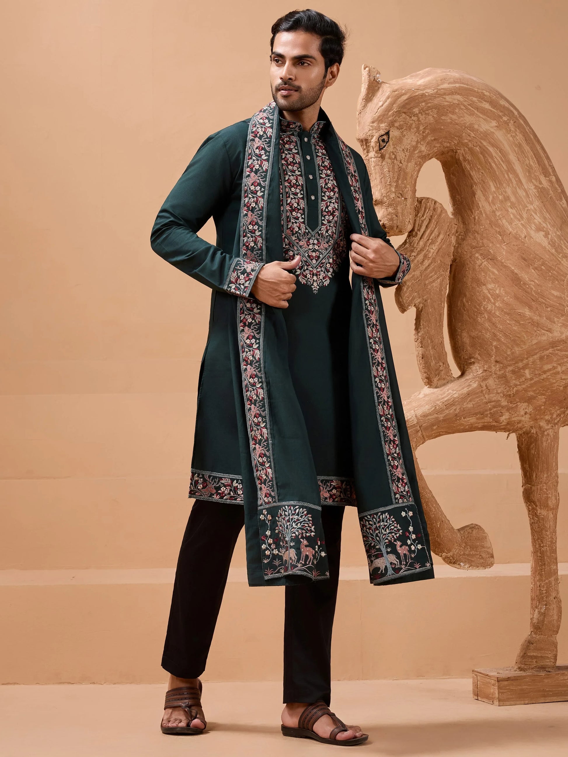 Stunning Green Embroidered Viscose Silk Wedding Wear Men Kurta Set With Dupatta