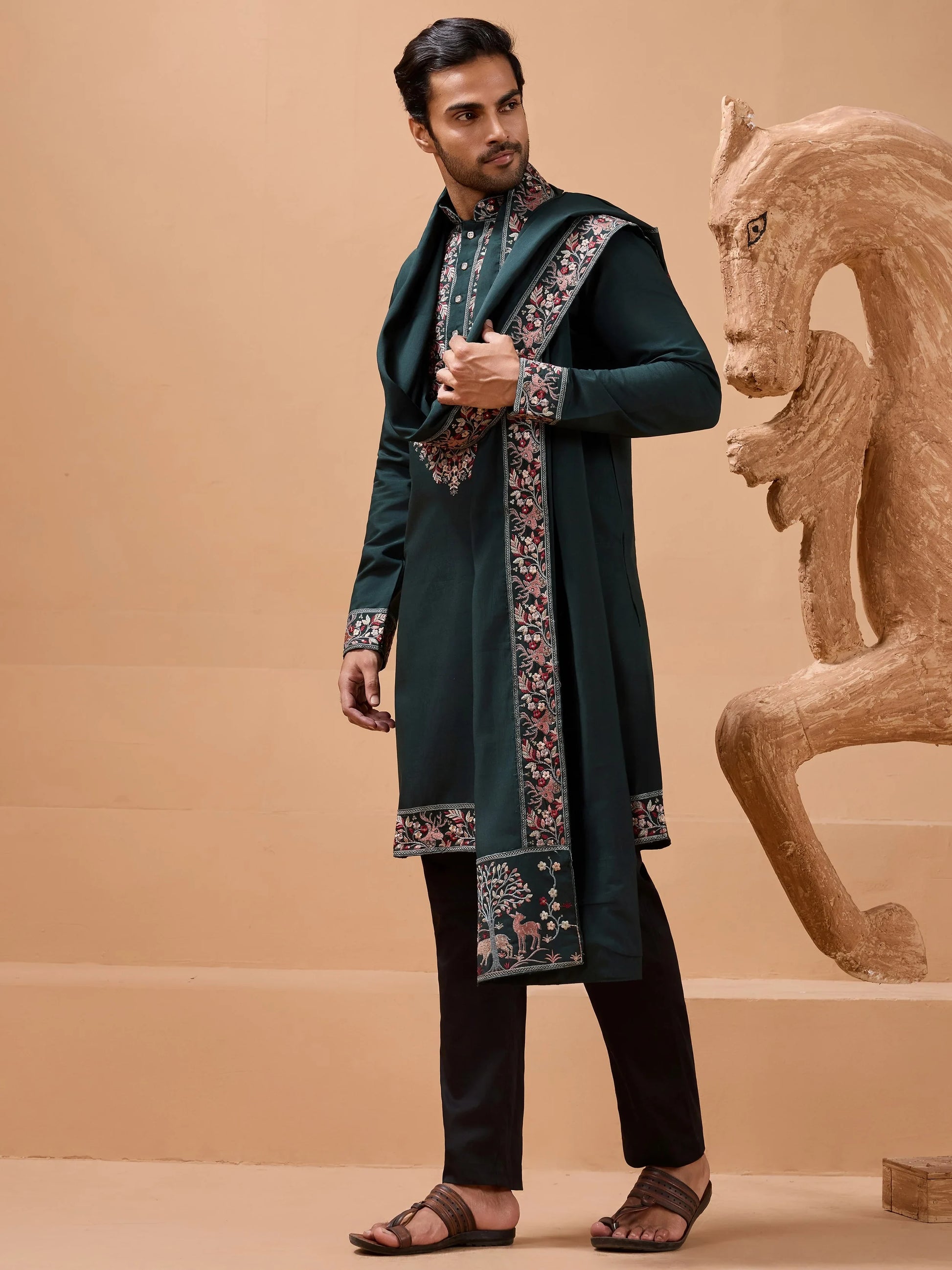Stunning Green Embroidered Viscose Silk Wedding Wear Men Kurta Set With Dupatta