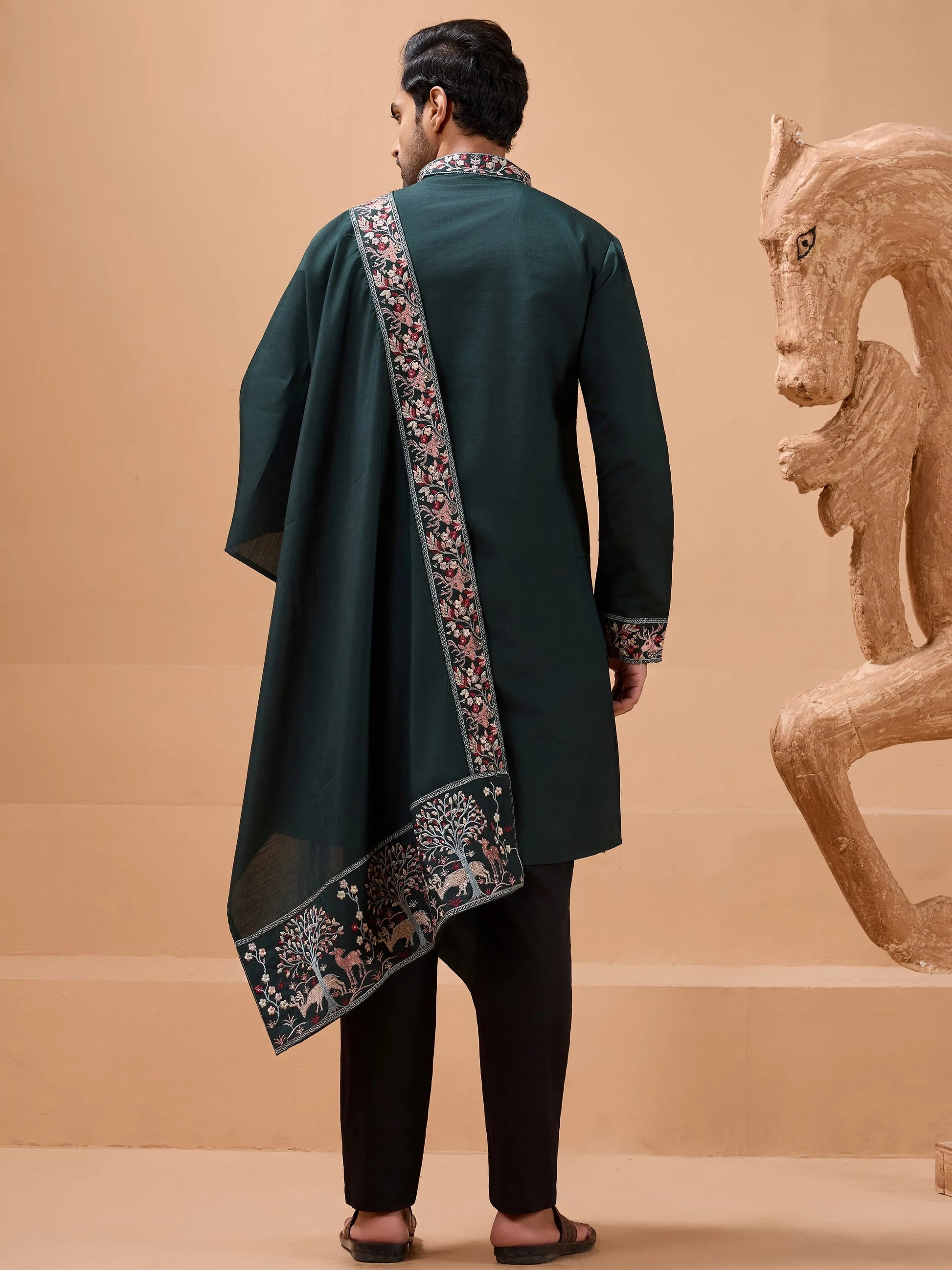 Stunning Green Embroidered Viscose Silk Wedding Wear Men Kurta Set With Dupatta