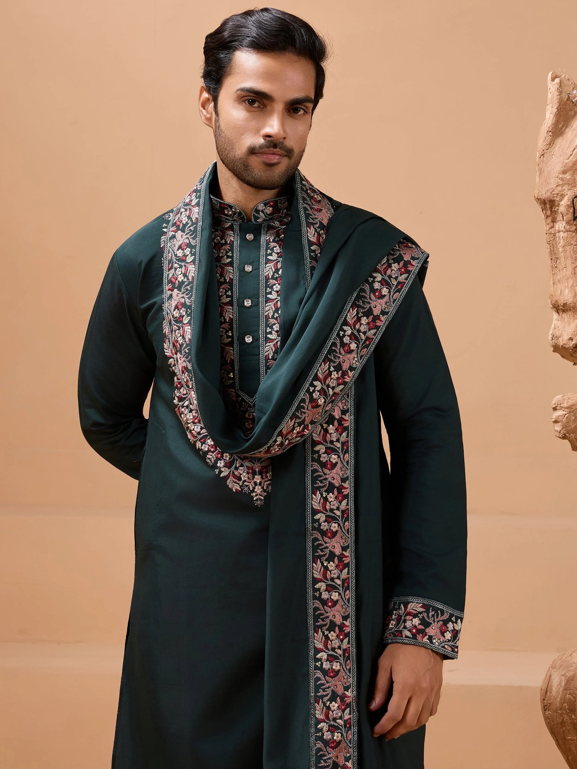 Stunning Green Embroidered Viscose Silk Wedding Wear Men Kurta Set With Dupatta