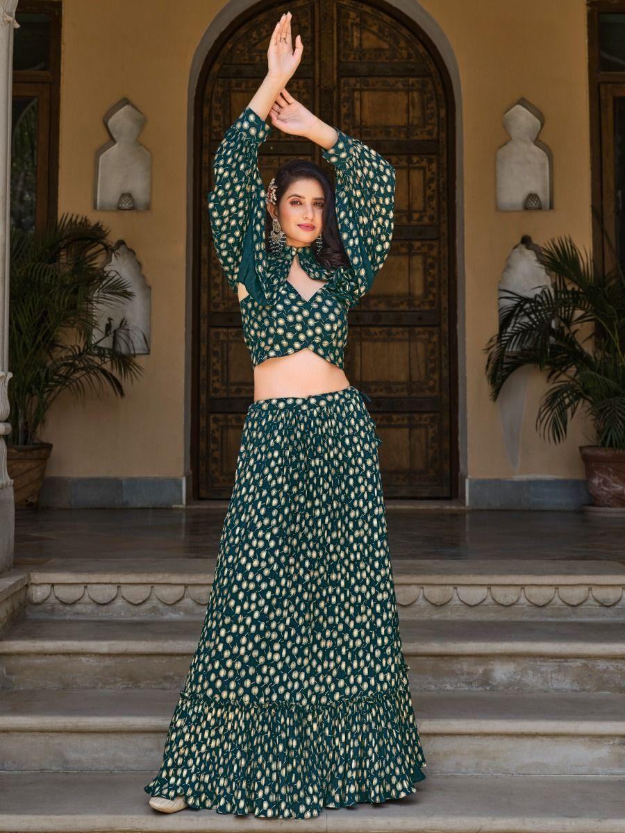 Stunning Green Foil Work Georgette Skirt Crop Top With Jacket